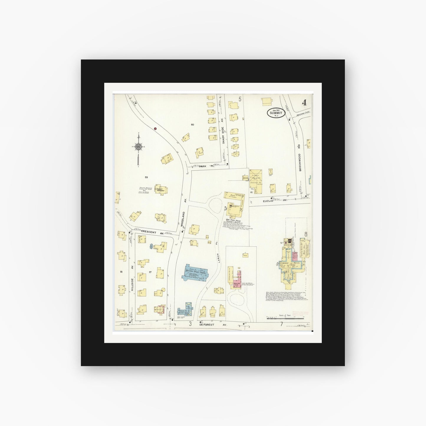 Old map wall art mockup — black gallery frame with white mat — Sanborn Fire Insurance Map from Summit, Union County, New Jersey (1911), Sheet #0004
