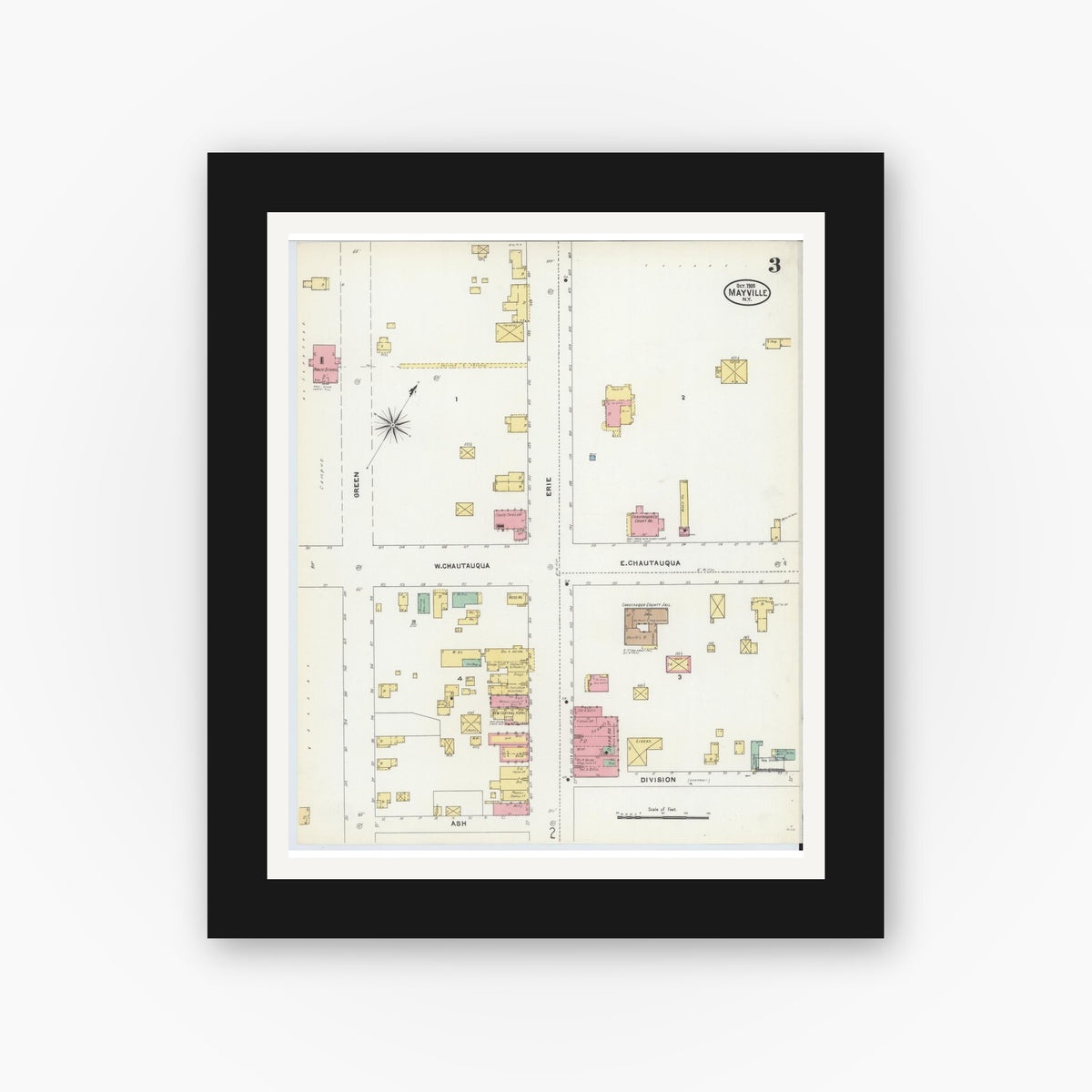 Old map wall art mockup — black gallery frame with white mat — Sanborn Fire Insurance Map from Mayville, Chautauqua County, New York (1905), Sheet #0003