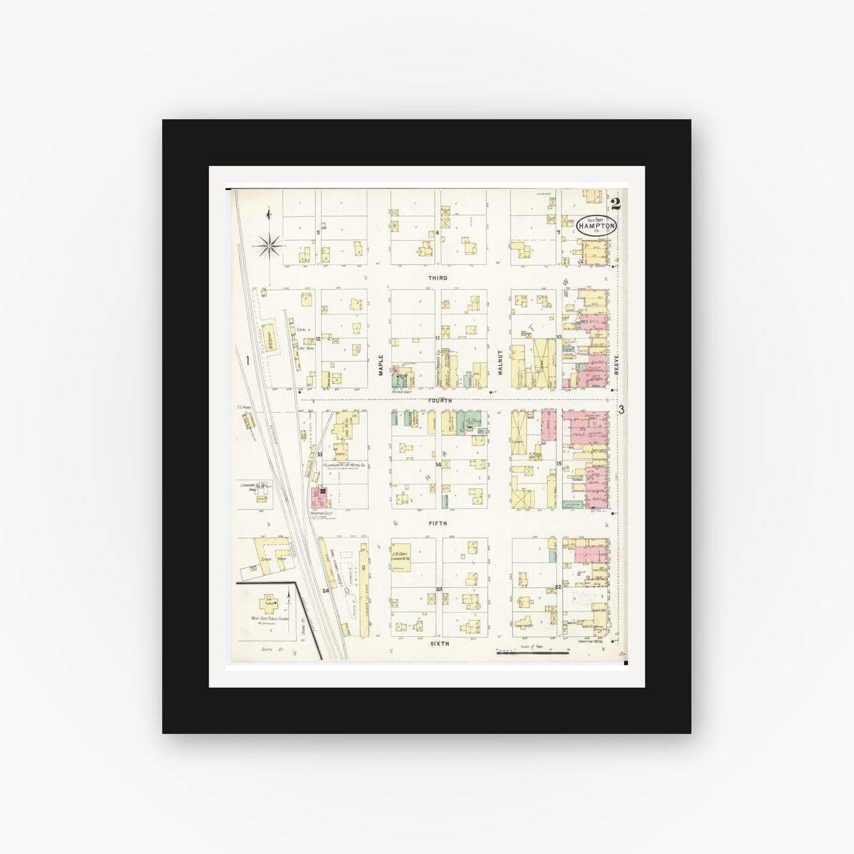 Old map wall art mockup — black gallery frame with white mat — Sanborn Fire Insurance Map from Hampton, Franklin County, Iowa (1897), Sheet #0002