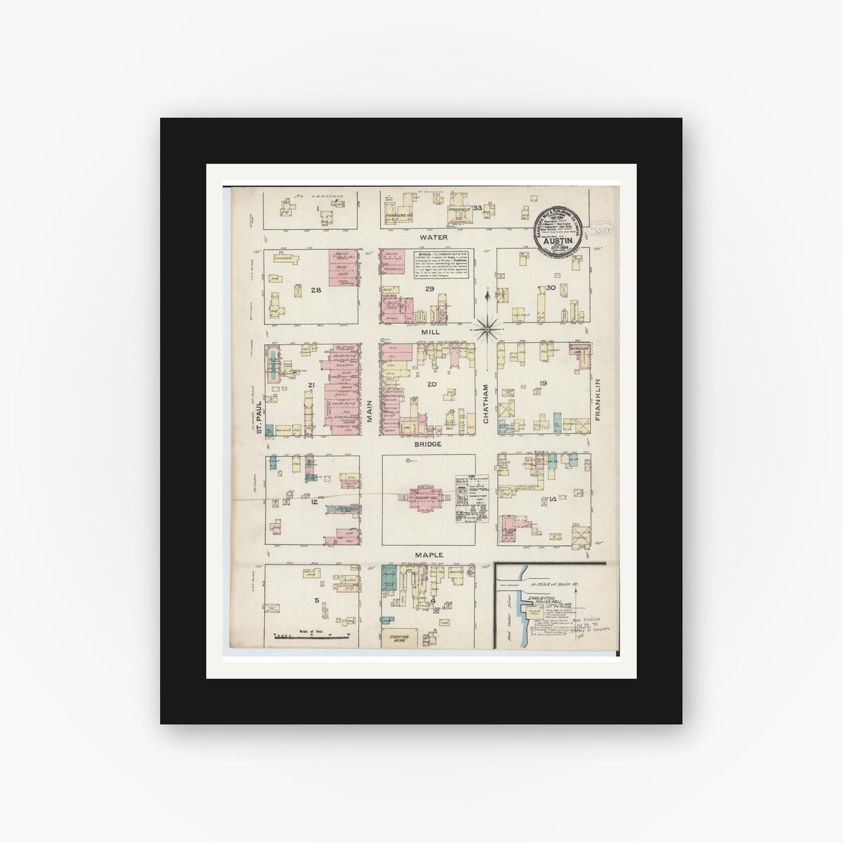 Old map wall art mockup — black gallery frame with white mat — Sanborn Fire Insurance Map from Austin, Mower County, Minnesota (1884), Sheet #0001