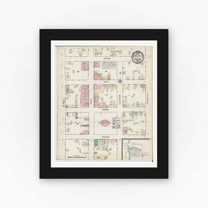 Old map wall art mockup — black gallery frame with white mat — Sanborn Fire Insurance Map from Austin, Mower County, Minnesota (1884), Sheet #0001