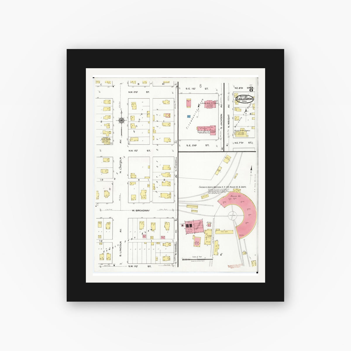 Old map wall art mockup — black gallery frame with white mat — Sanborn Fire Insurance Map from Eagle Grove, Wright County, Iowa (1921), Sheet #0008