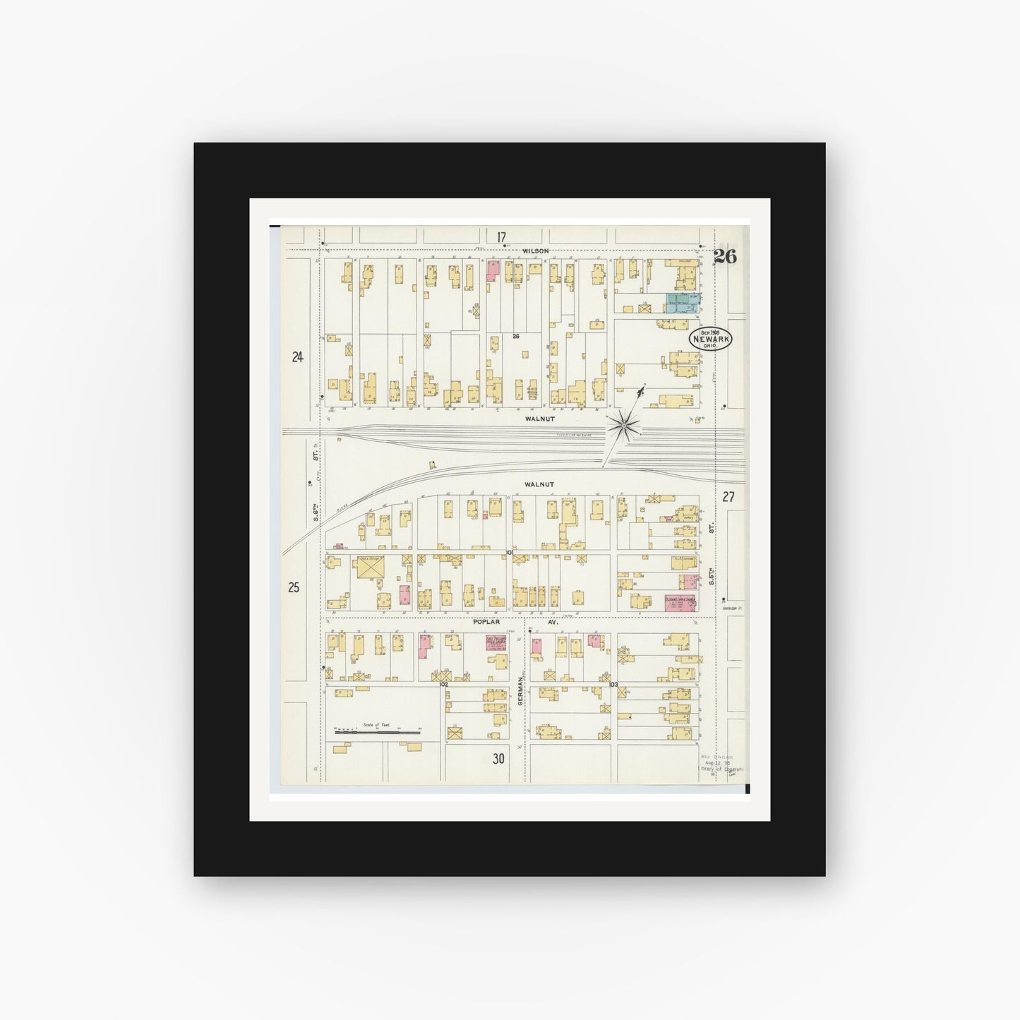 Old map wall art mockup — black gallery frame with white mat — Sanborn Fire Insurance Map from Newark, Licking County, Ohio (1905), Sheet #0026