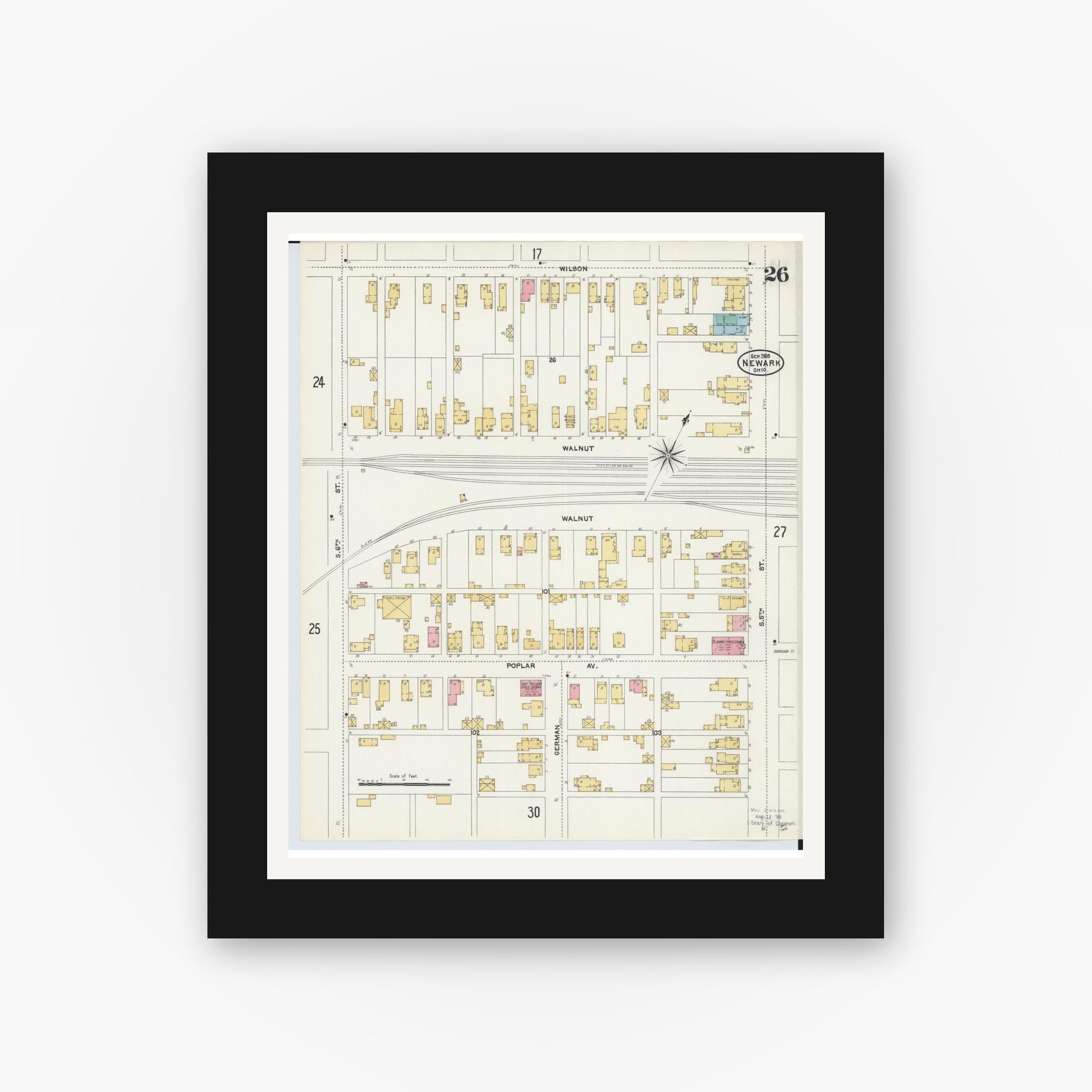 Old map wall art mockup — black gallery frame with white mat — Sanborn Fire Insurance Map from Newark, Licking County, Ohio (1905), Sheet #0026
