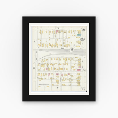Old map wall art mockup — black gallery frame with white mat — Sanborn Fire Insurance Map from Newark, Licking County, Ohio (1905), Sheet #0026