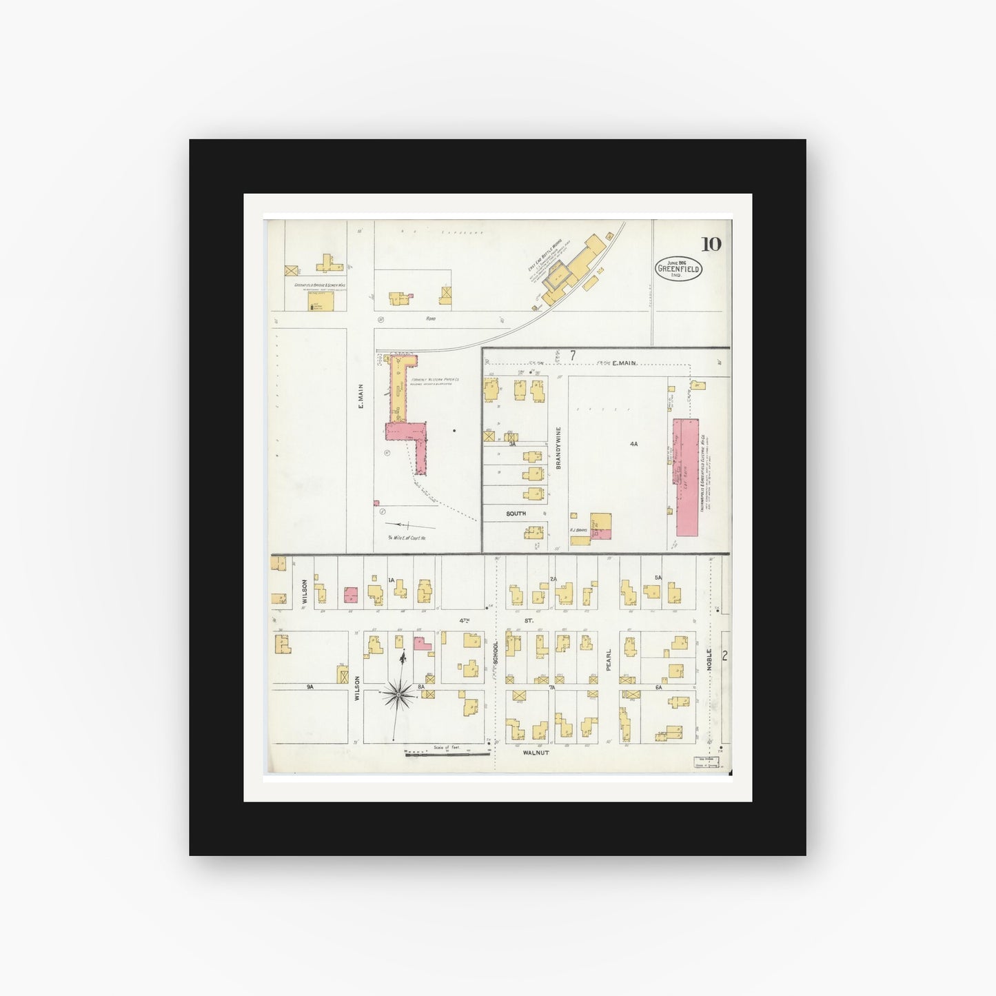 Old map wall art mockup — black gallery frame with white mat — Sanborn Fire Insurance Map from Greenfield, Hancock County, Indiana (1906), Sheet #0010