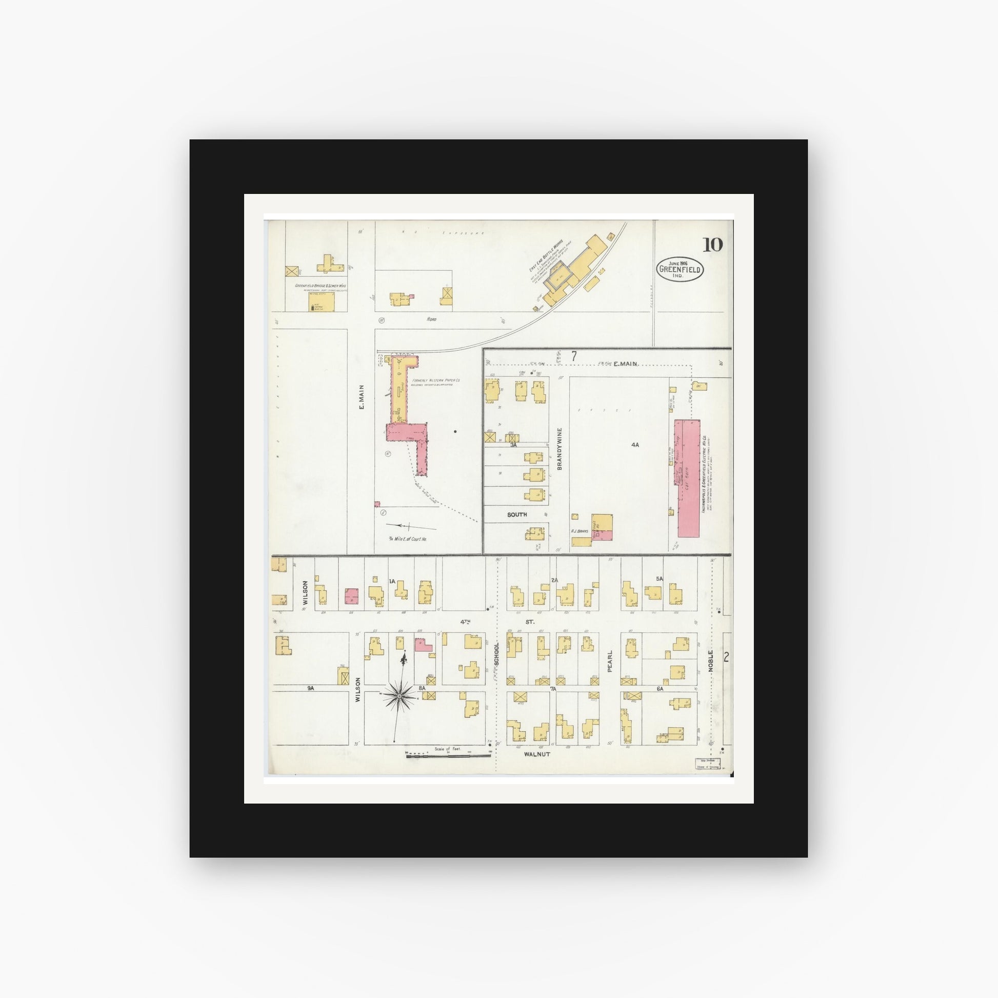 Old map wall art mockup — black gallery frame with white mat — Sanborn Fire Insurance Map from Greenfield, Hancock County, Indiana (1906), Sheet #0010