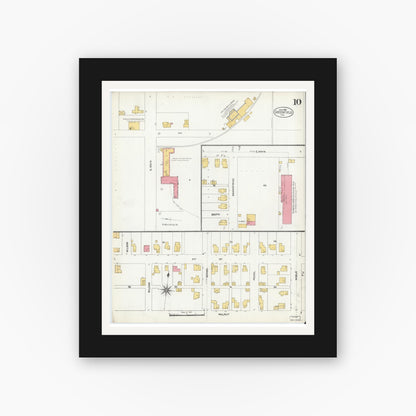 Old map wall art mockup — black gallery frame with white mat — Sanborn Fire Insurance Map from Greenfield, Hancock County, Indiana (1906), Sheet #0010
