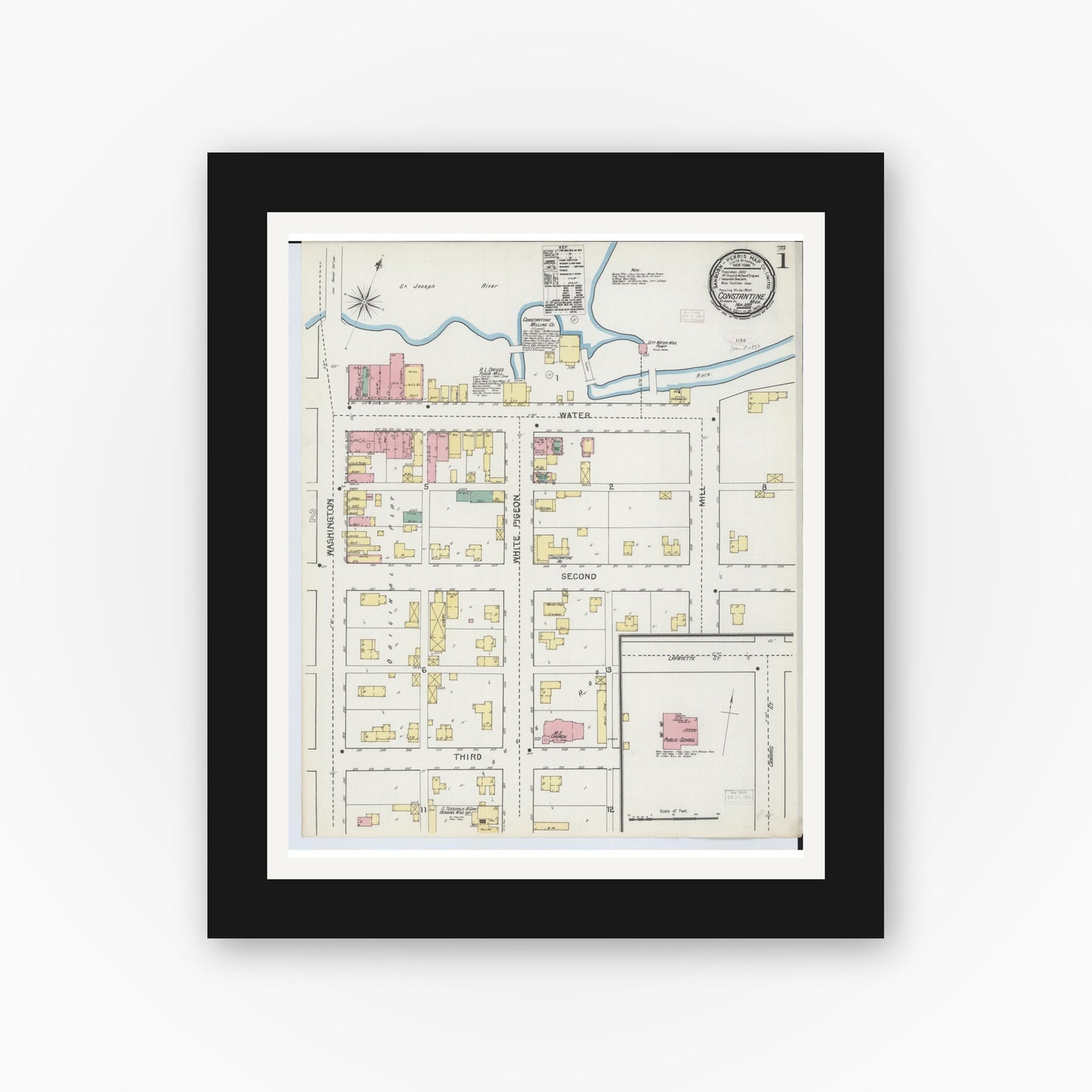 Old map wall art mockup — black gallery frame with white mat — Sanborn Fire Insurance Map from Constantine, Saint Joseph County, Michigan (1892), Sheet #0001