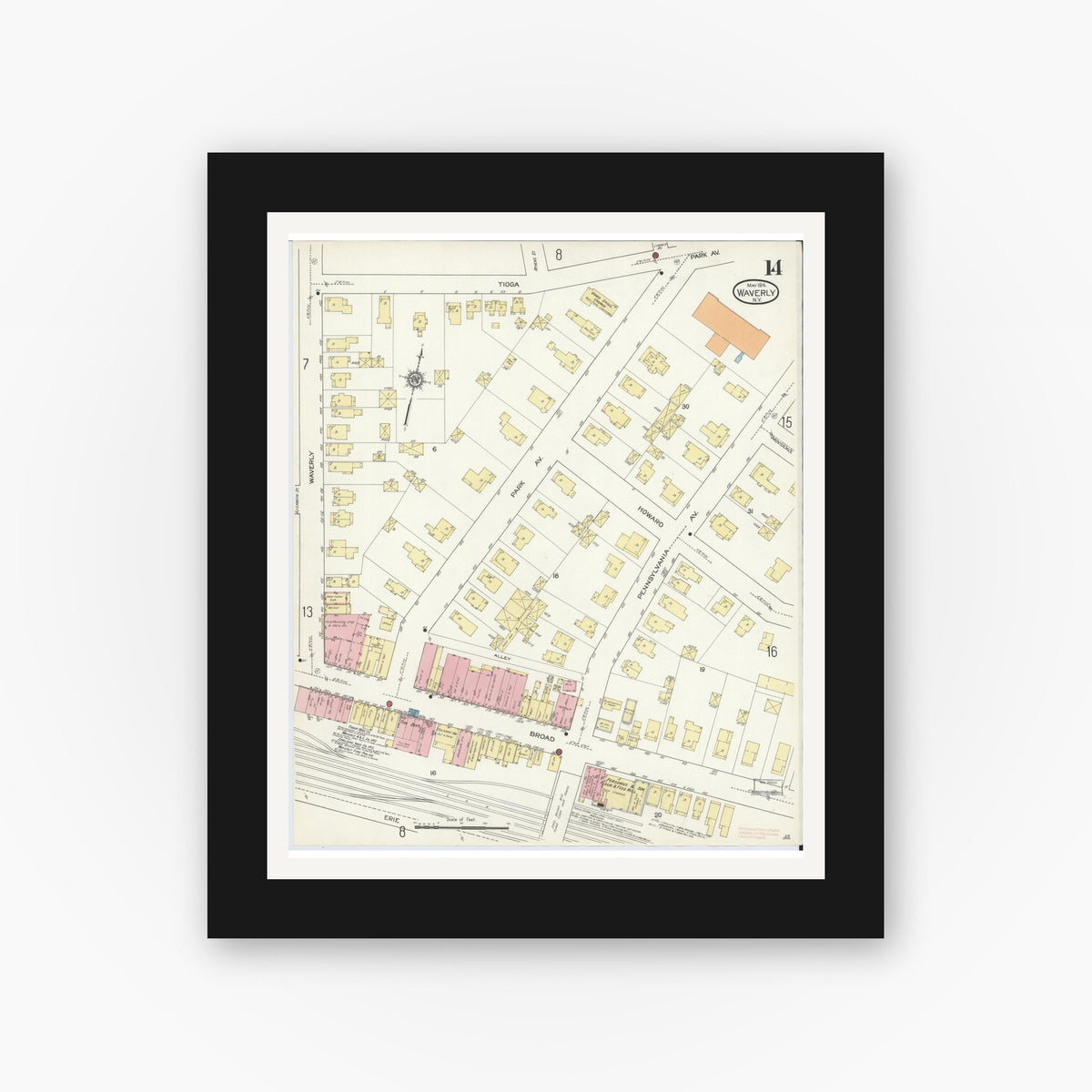 Old map wall art mockup — black gallery frame with white mat — Sanborn Fire Insurance Map from Waverly, Tioga County, New York (1914), Sheet #0014