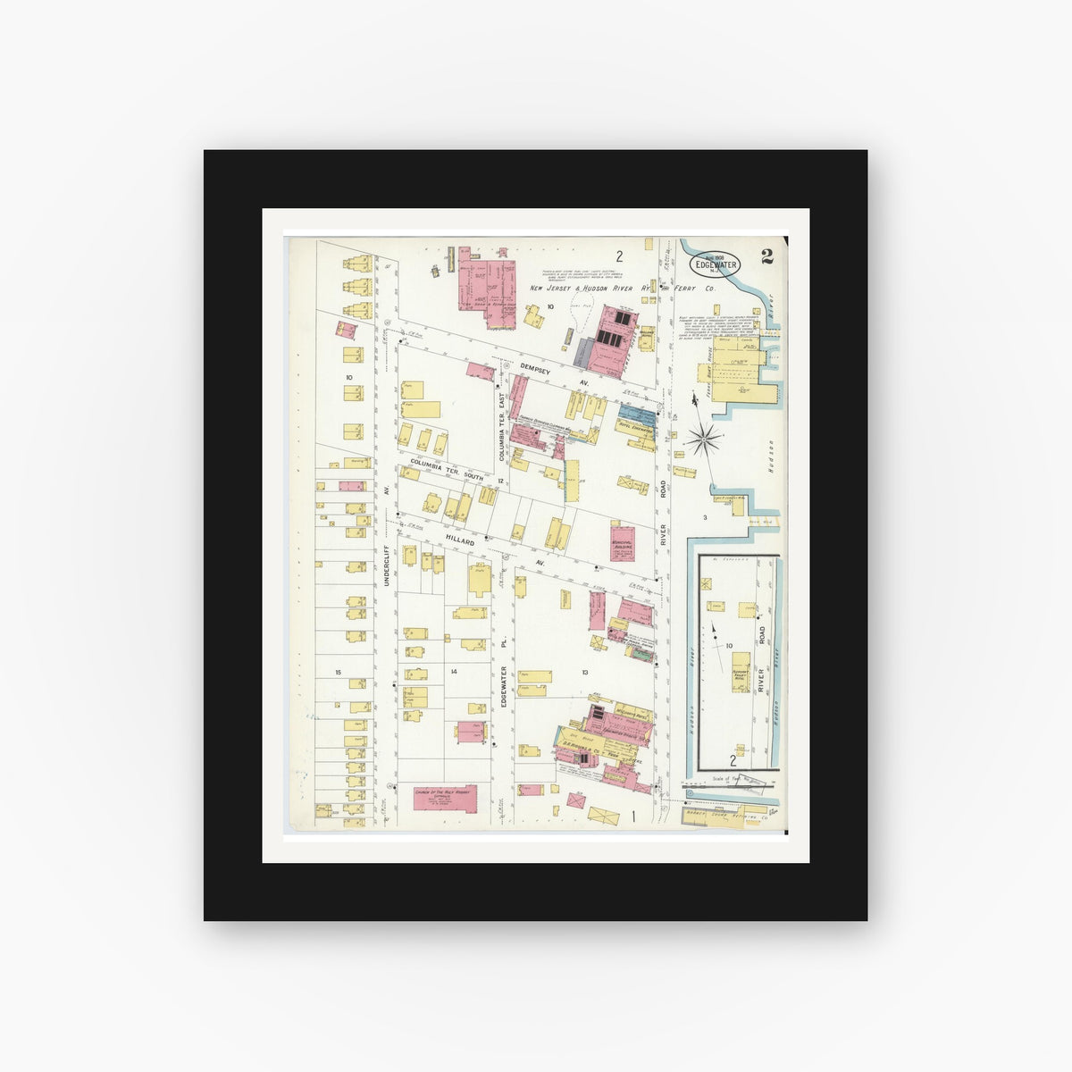 Old map wall art mockup — black gallery frame with white mat — Sanborn Fire Insurance Map from Edgewater, Bergen County, New Jersey (1908), Sheet #0002