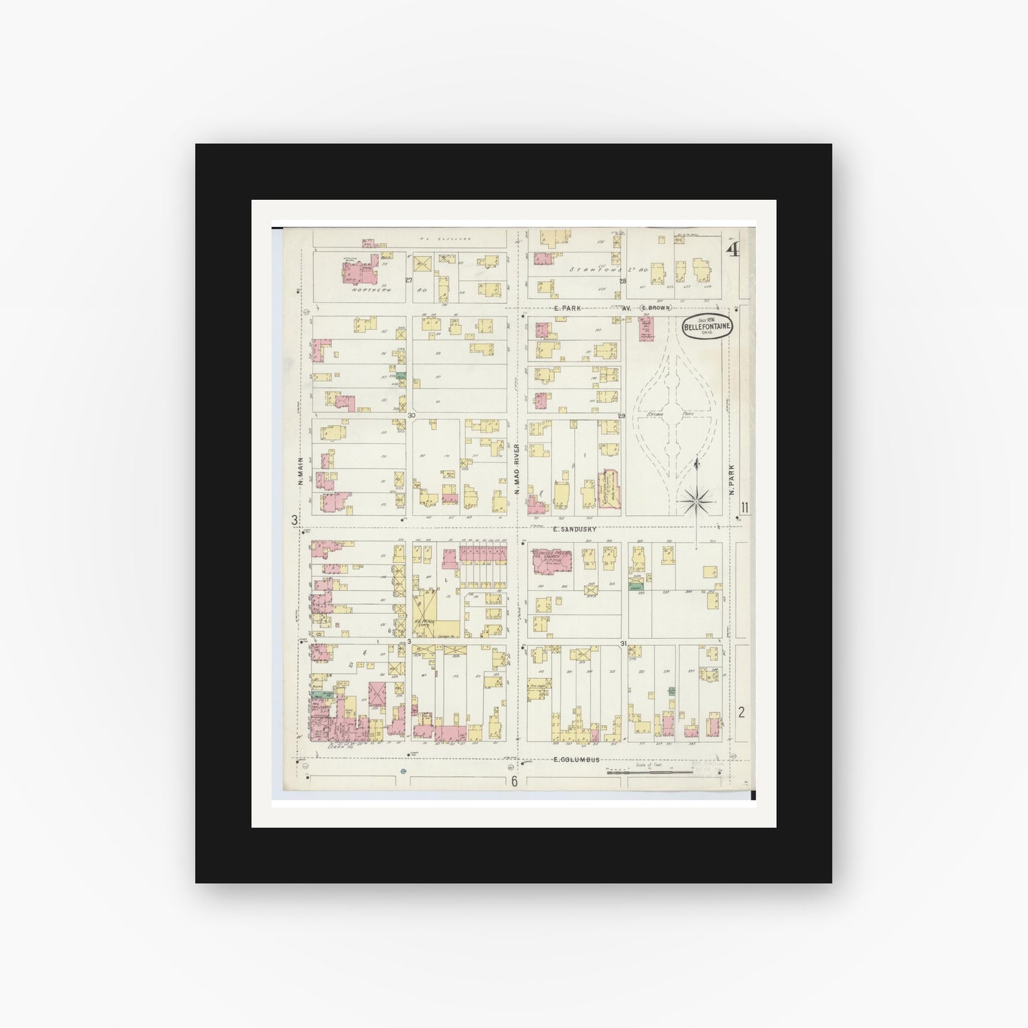 Old map wall art mockup — black gallery frame with white mat — Sanborn Fire Insurance Map from Bellefontaine, Logan County, Ohio (1896), Sheet #0004