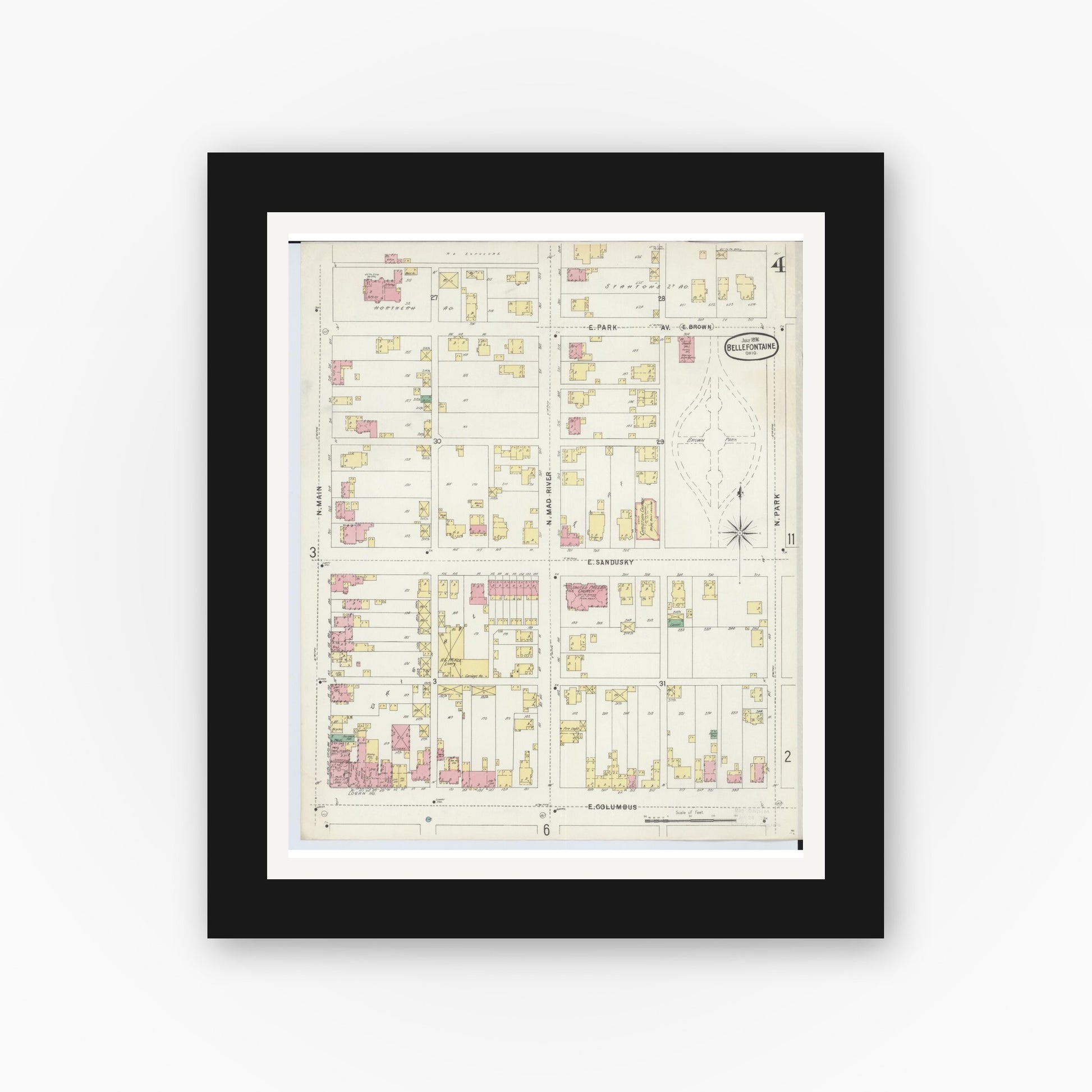 Old map wall art mockup — black gallery frame with white mat — Sanborn Fire Insurance Map from Bellefontaine, Logan County, Ohio (1896), Sheet #0004