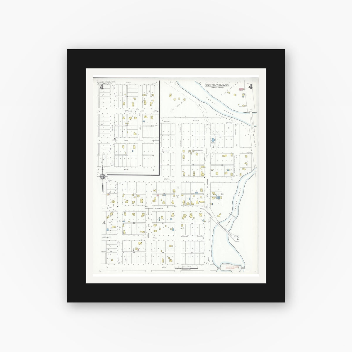 Old map wall art mockup — black gallery frame with white mat — Sanborn Fire Insurance Map from Cannon Falls, Goodhue County, Minnesota (1938), Sheet #0004