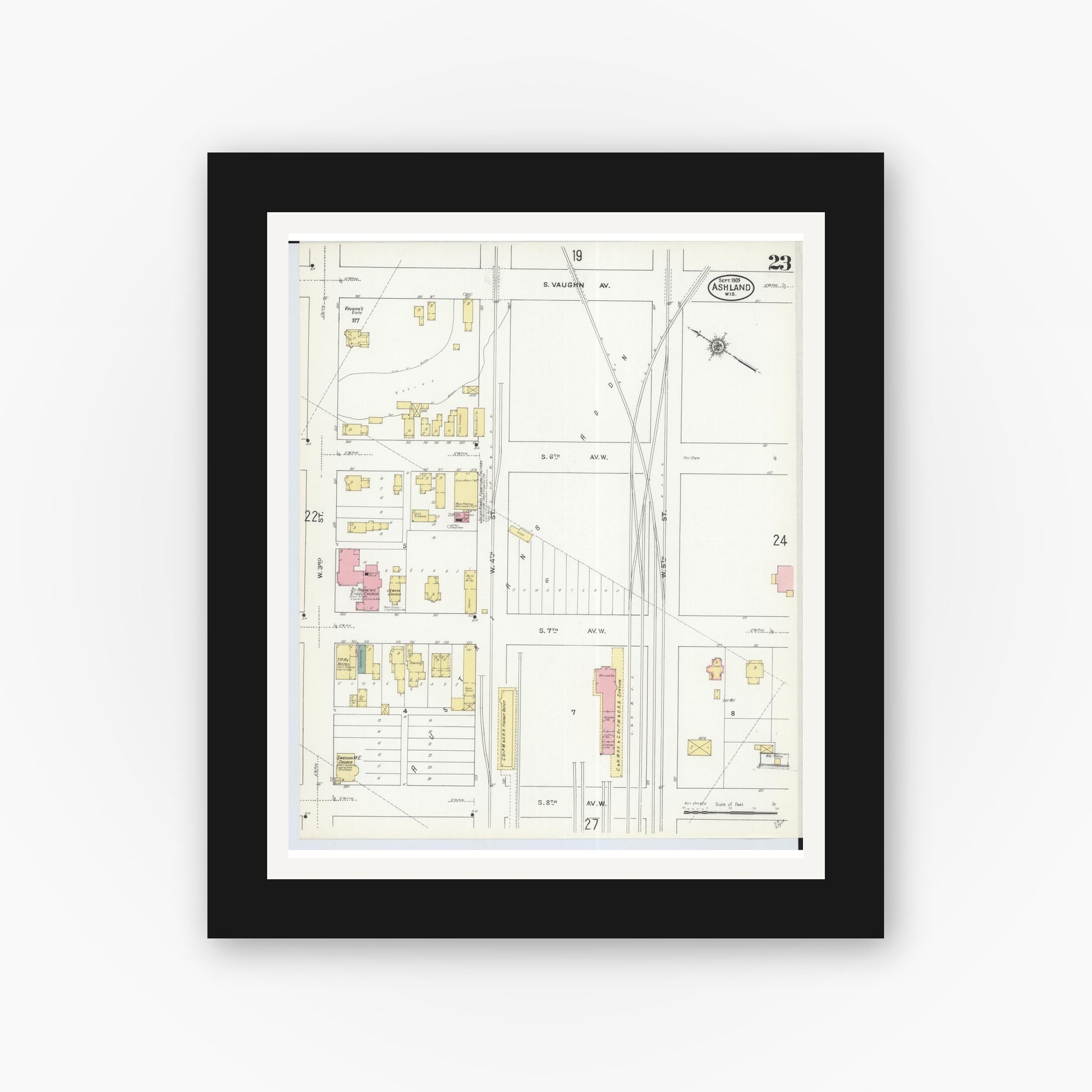 Old map wall art mockup — black gallery frame with white mat — Sanborn Fire Insurance Map from Ashland, Ashland County, Wisconsin (1909), Sheet #0023