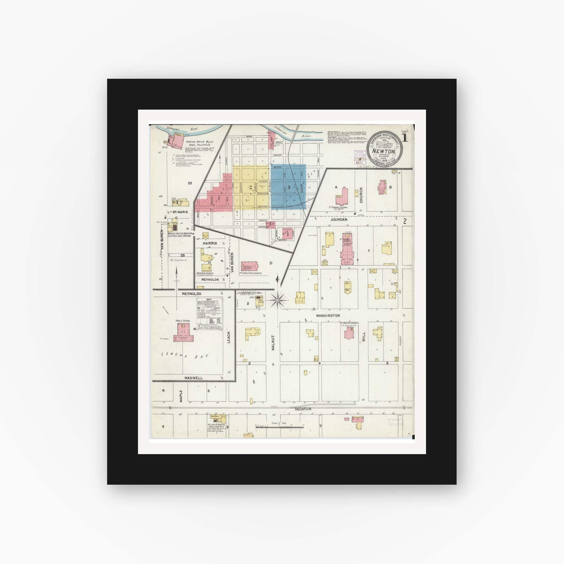 Old map wall art mockup — black gallery frame with white mat — Sanborn Fire Insurance Map from Newton, Jasper County, Illinois (1902) - Complete Map Set