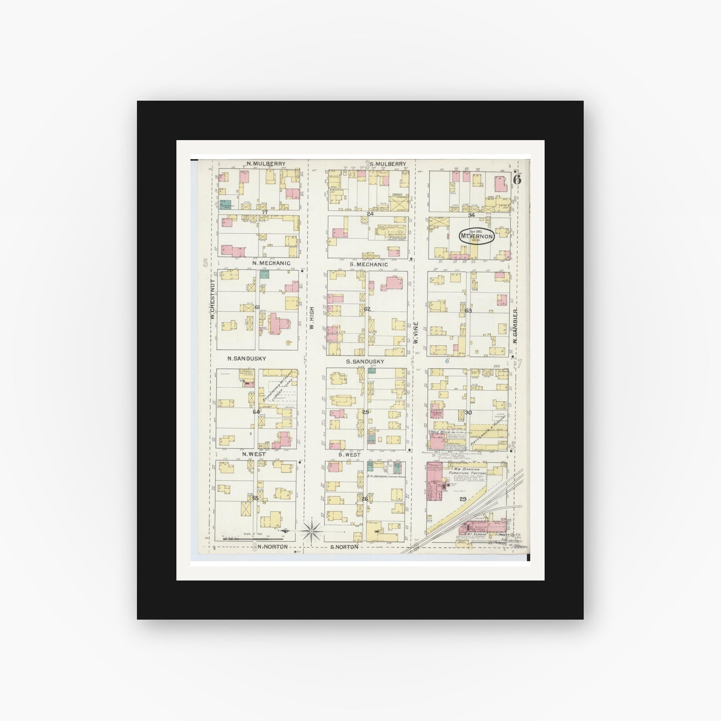Old map wall art mockup — black gallery frame with white mat — Sanborn Fire Insurance Map from Mount Vernon, Knox County, Ohio (1892), Sheet #0006