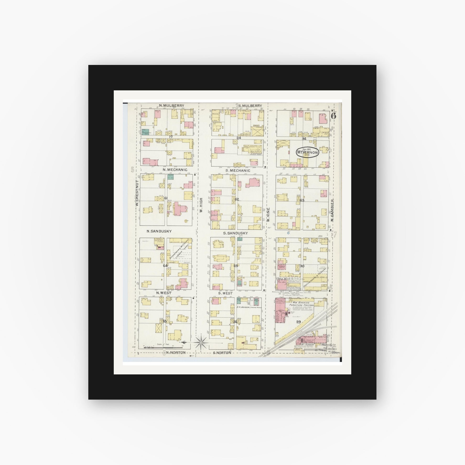Old map wall art mockup — black gallery frame with white mat — Sanborn Fire Insurance Map from Mount Vernon, Knox County, Ohio (1892), Sheet #0006