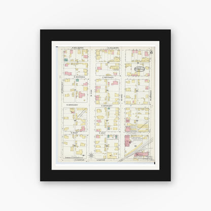 Old map wall art mockup — black gallery frame with white mat — Sanborn Fire Insurance Map from Mount Vernon, Knox County, Ohio (1892), Sheet #0006