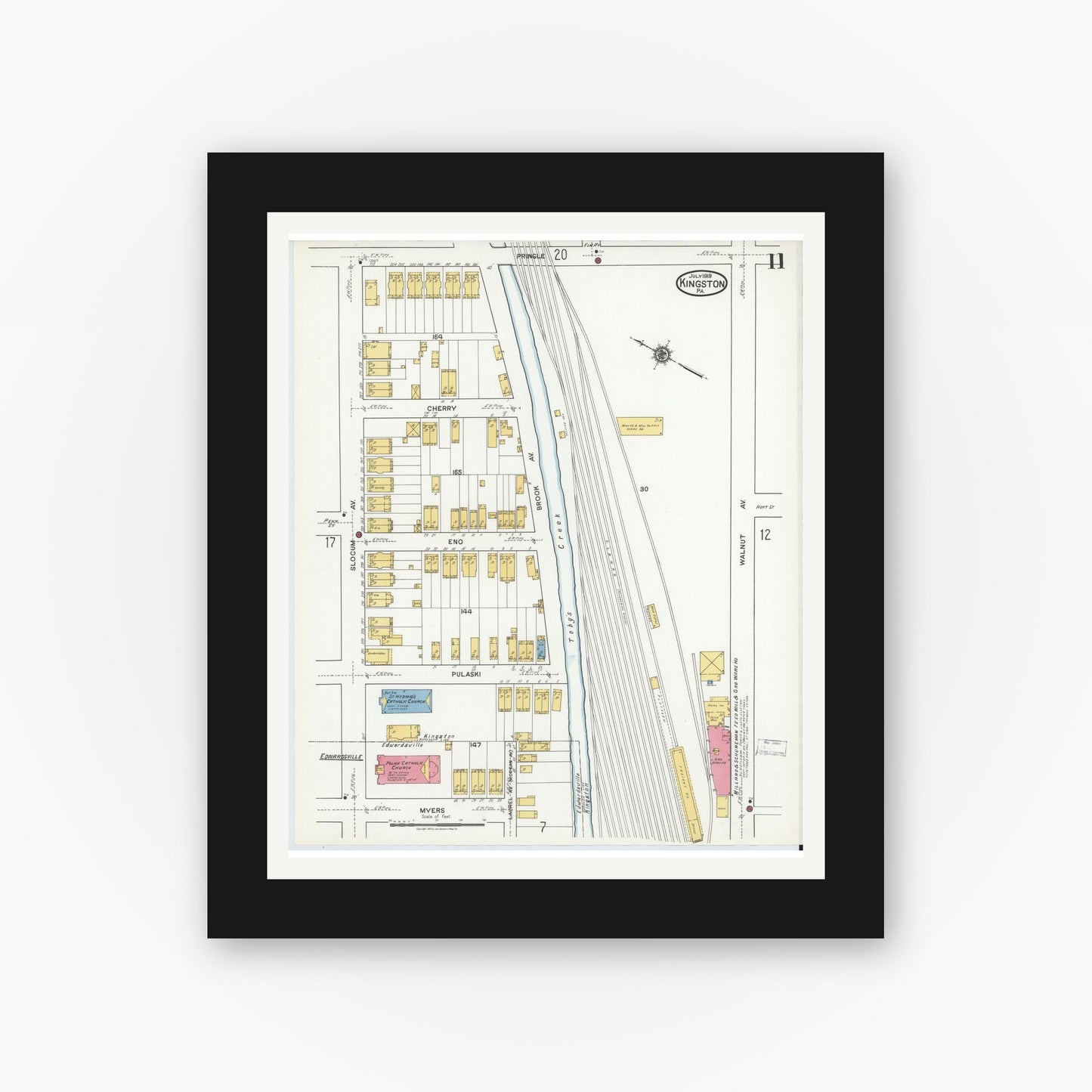 Old map wall art mockup — black gallery frame with white mat — Sanborn Fire Insurance Map from Kingston, Luzerne County, Pennsylvania (1919), Sheet #0011