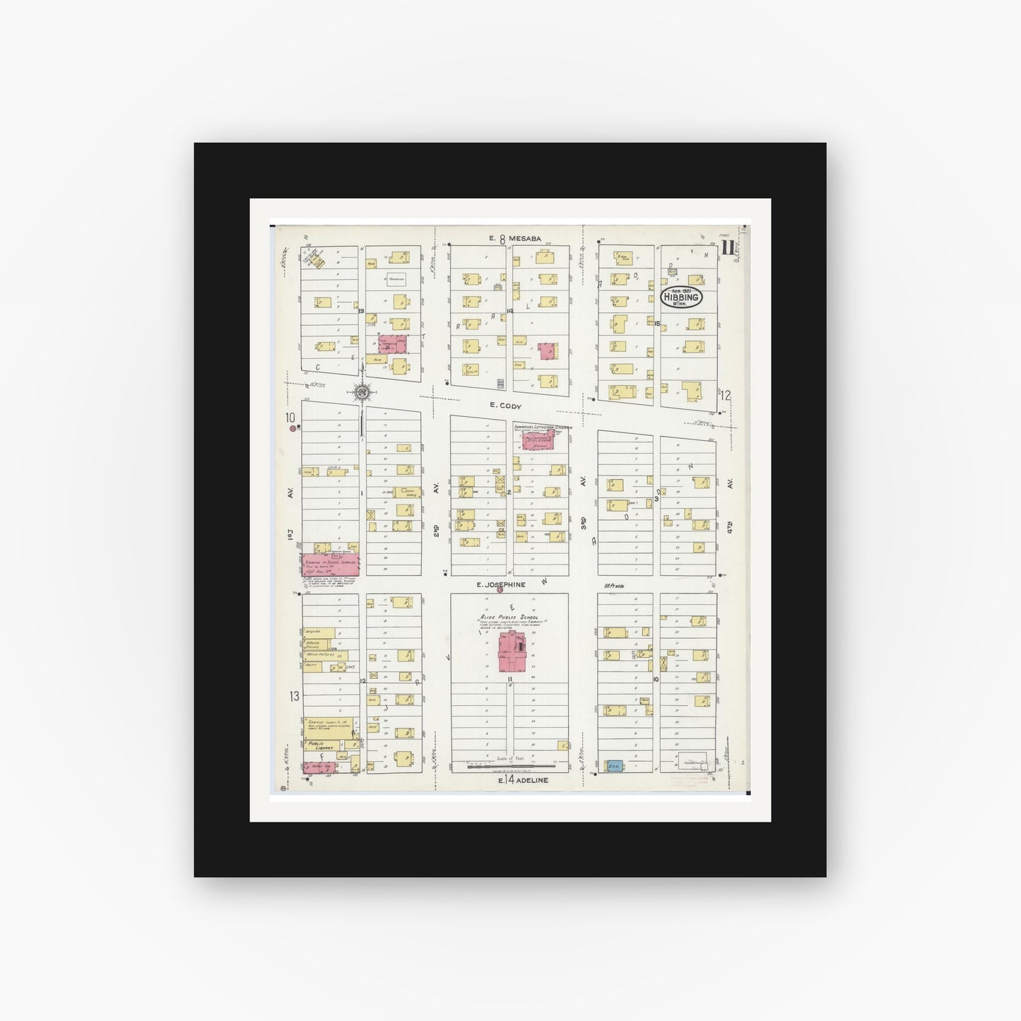Old map wall art mockup — black gallery frame with white mat — Sanborn Fire Insurance Map from Hibbing, Saint Louis County, Minnesota (1921), Sheet #0011