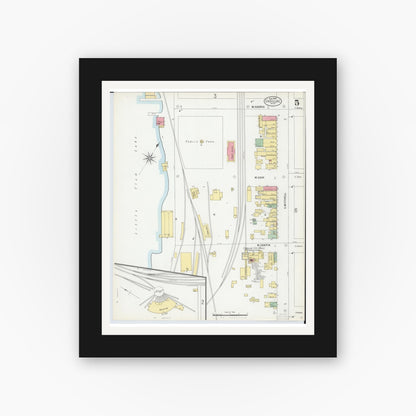 Old map wall art mockup — black gallery frame with white mat — Sanborn Fire Insurance Map from Cadillac, Wexford County, Michigan (1900), Sheet #0005