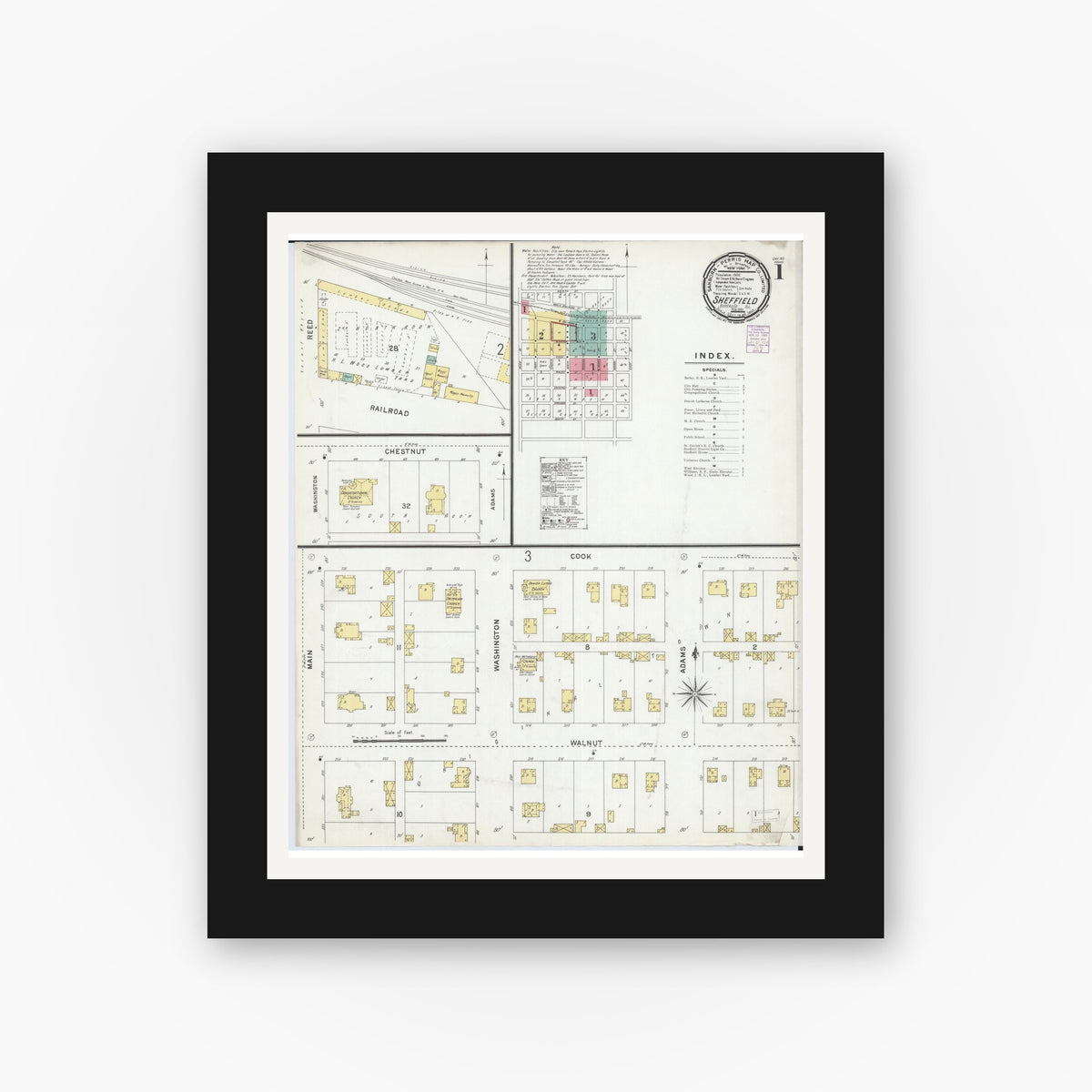 Old map wall art mockup — black gallery frame with white mat — Sanborn Fire Insurance Map from Sheffield, Bureau County, Illinois (1901), Sheet #0001
