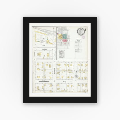 Old map wall art mockup — black gallery frame with white mat — Sanborn Fire Insurance Map from Sheffield, Bureau County, Illinois (1901), Sheet #0001