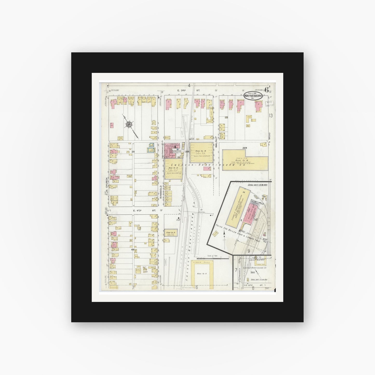 Old map wall art mockup — black gallery frame with white mat — Sanborn Fire Insurance Map from Waynesboro, Franklin County, Pennsylvania (1916), Sheet #0006