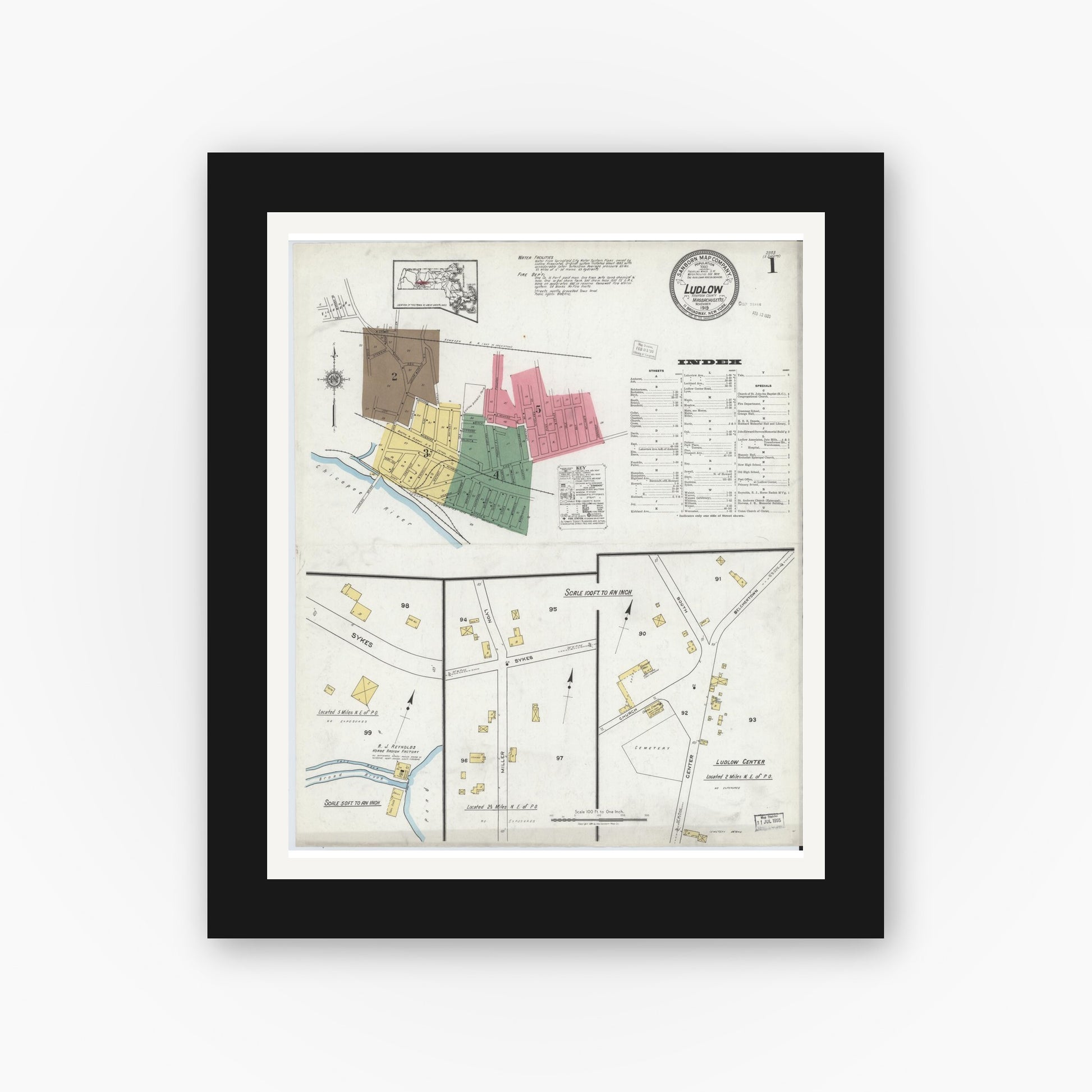 Old map wall art mockup — black gallery frame with white mat — Sanborn Fire Insurance Map from Ludlow, Hampden County, Massachusetts (1919) - Complete Map Set