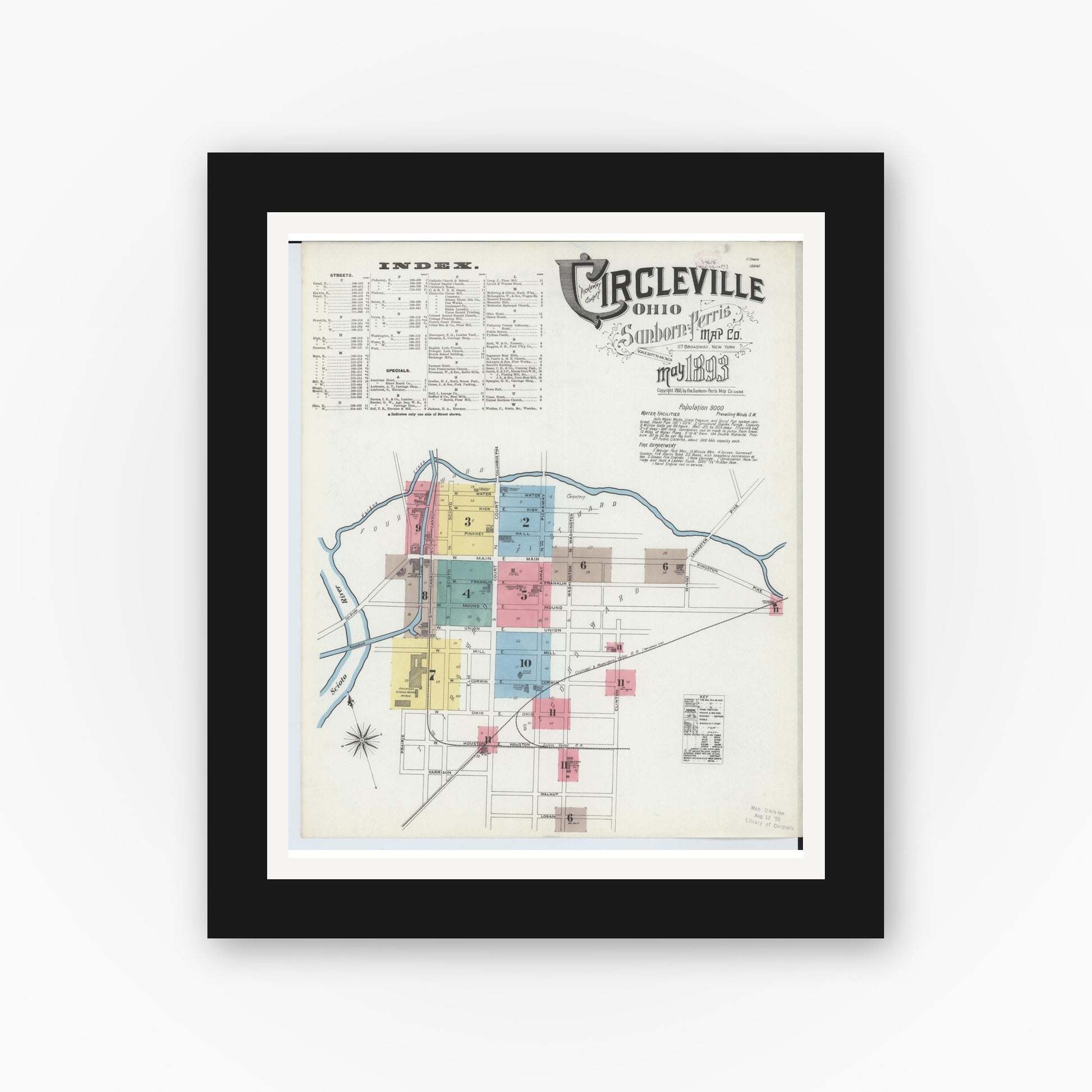 Old map wall art mockup — black gallery frame with white mat — Sanborn Fire Insurance Map from Circleville, Pickaway County, Ohio (1893), Sheet #0001