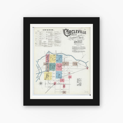 Old map wall art mockup — black gallery frame with white mat — Sanborn Fire Insurance Map from Circleville, Pickaway County, Ohio (1893), Sheet #0001