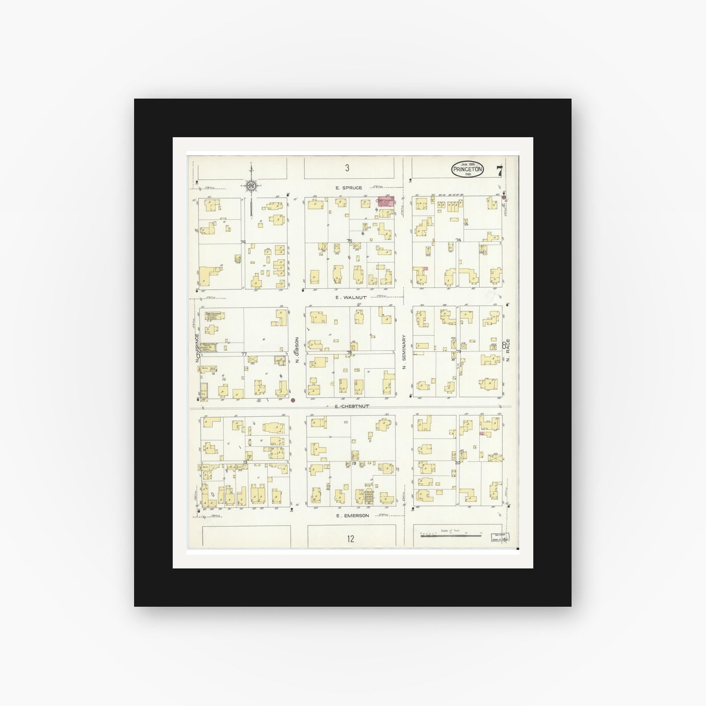Old map wall art mockup — black gallery frame with white mat — Sanborn Fire Insurance Map from Princeton, Gibson County, Indiana (1914), Sheet #0007