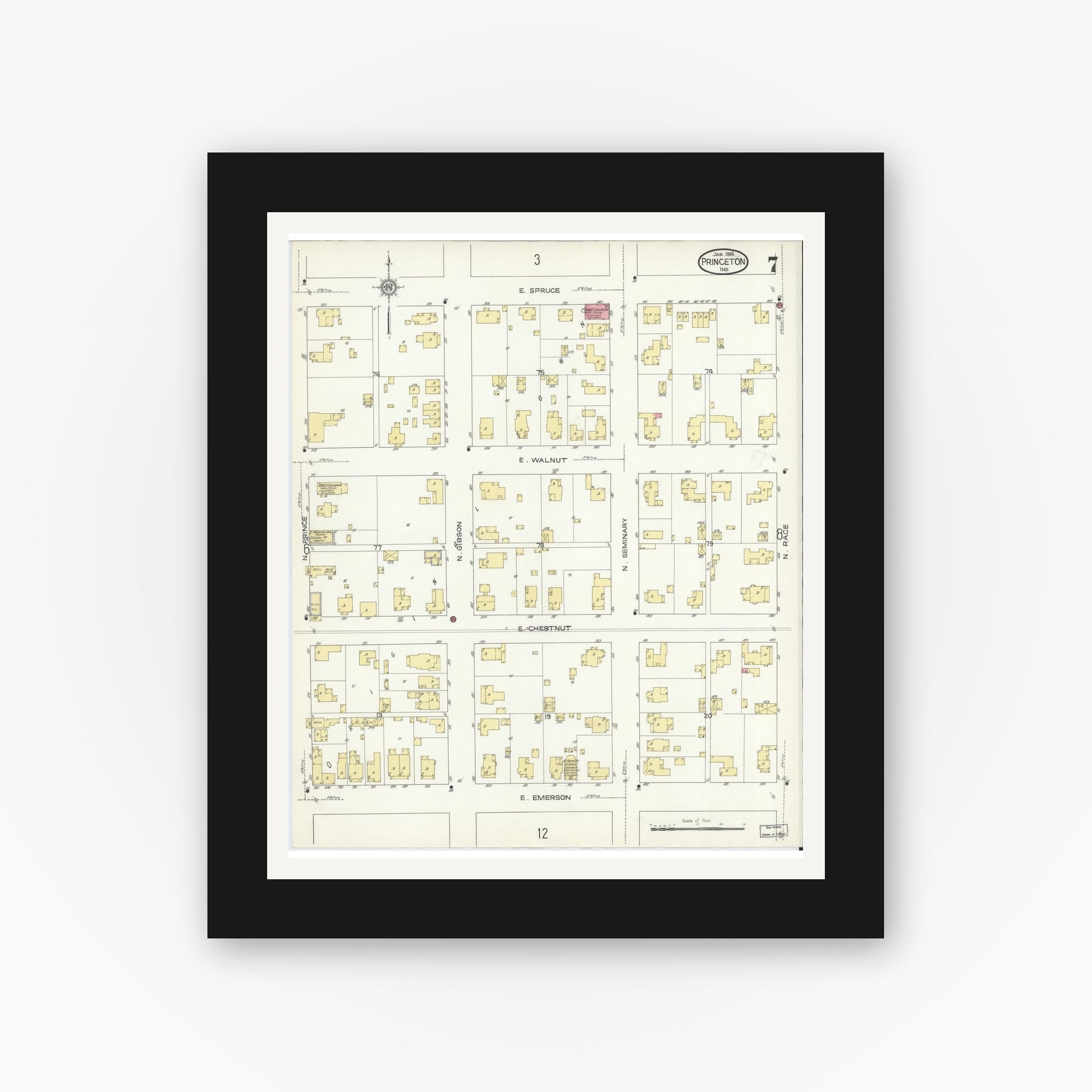 Old map wall art mockup — black gallery frame with white mat — Sanborn Fire Insurance Map from Princeton, Gibson County, Indiana (1914), Sheet #0007