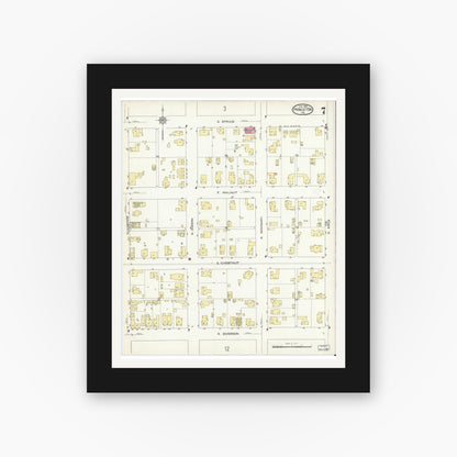 Old map wall art mockup — black gallery frame with white mat — Sanborn Fire Insurance Map from Princeton, Gibson County, Indiana (1914), Sheet #0007