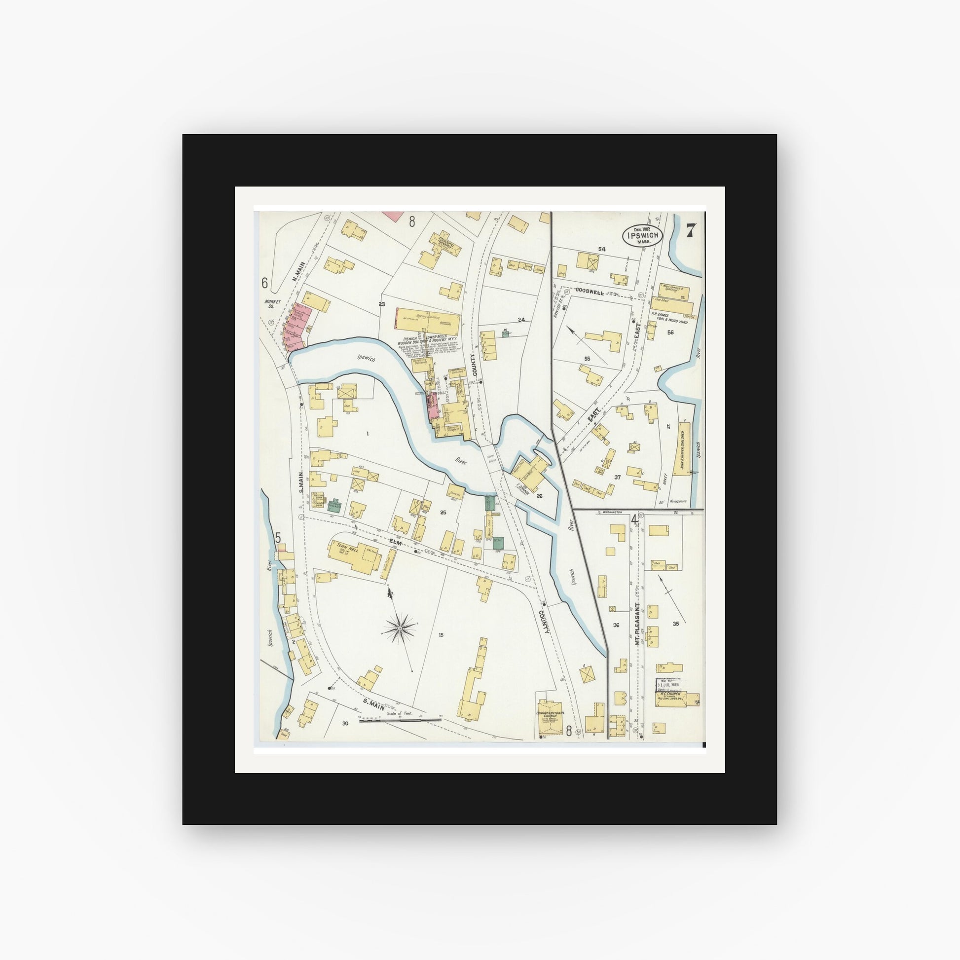 Old map wall art mockup — black gallery frame with white mat — Sanborn Fire Insurance Map from Ipswich, Essex County, Massachusetts (1902), Sheet #0007