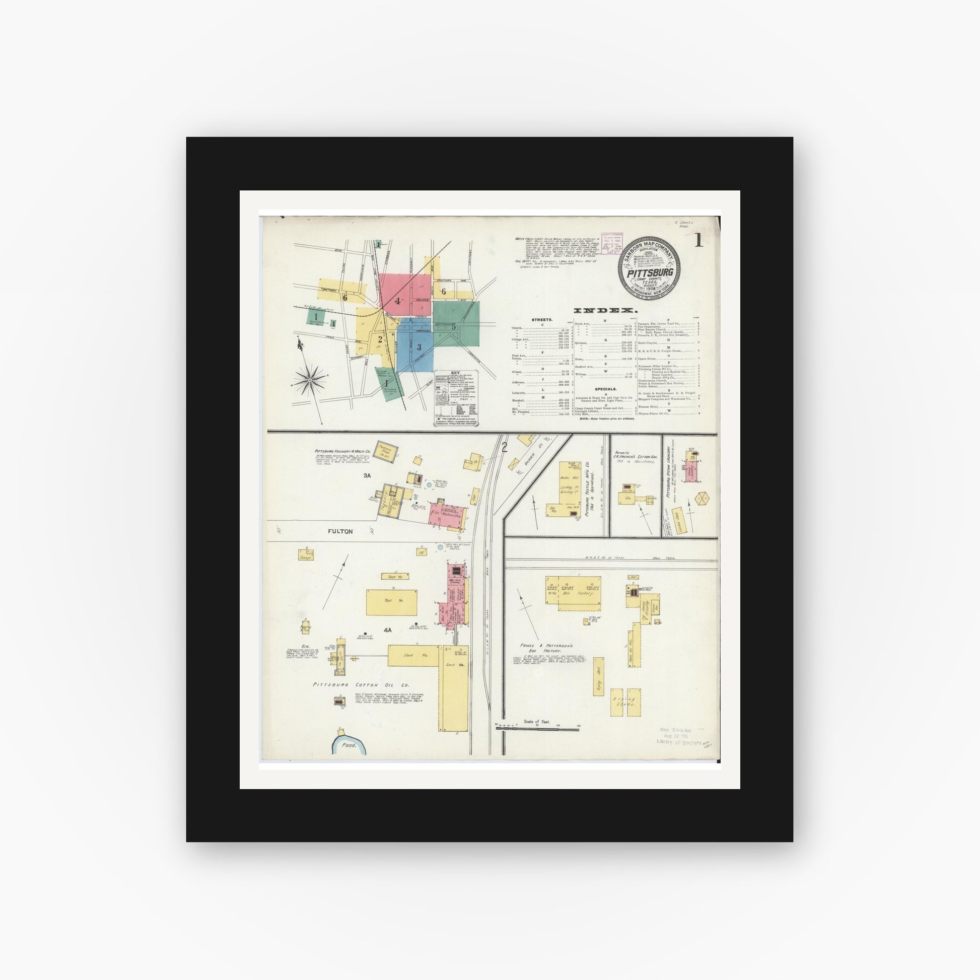 Old map wall art mockup — black gallery frame with white mat — Sanborn Fire Insurance Map from Pittsburg, Camp County, Texas (1906), Sheet #0001