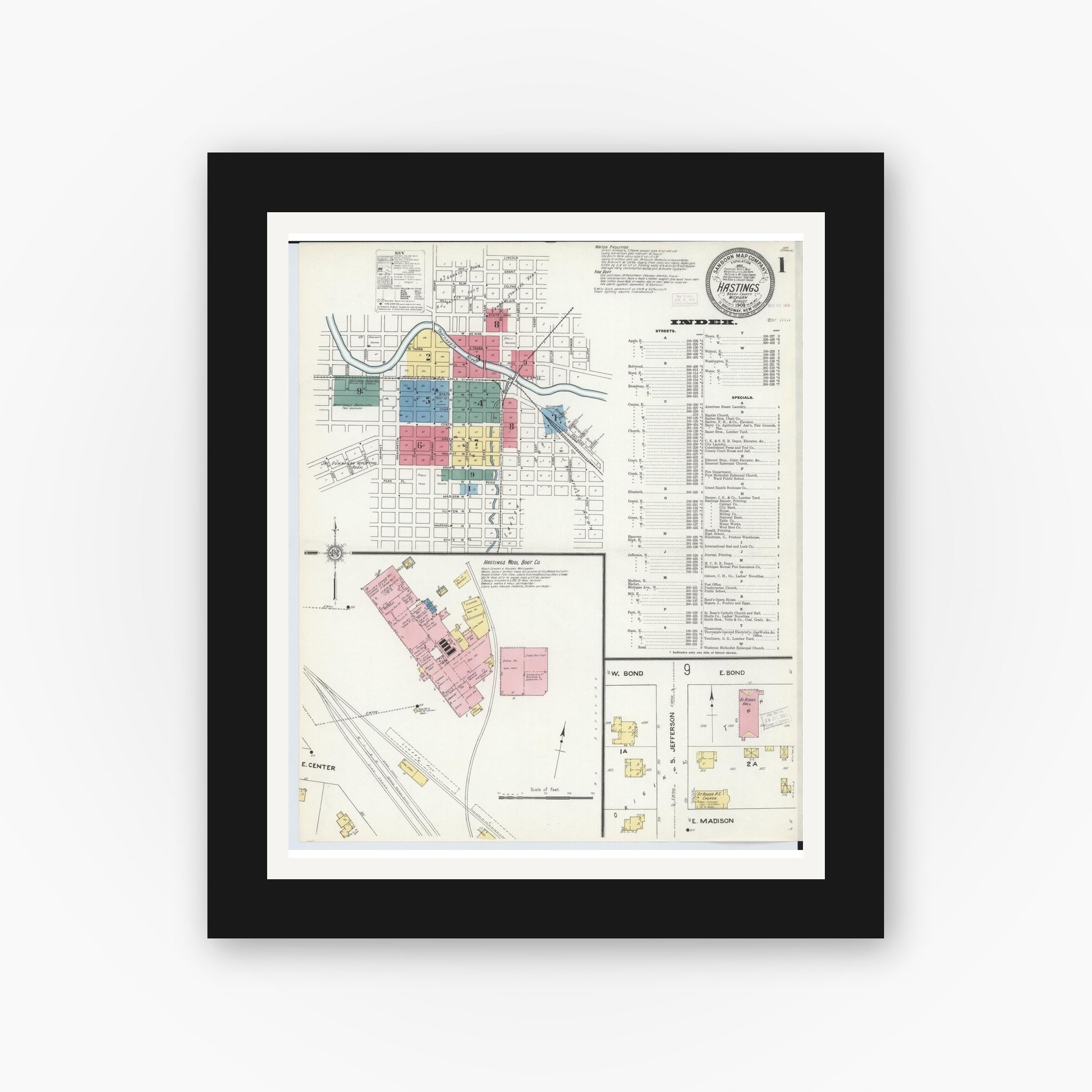 Old map wall art mockup — black gallery frame with white mat — Sanborn Fire Insurance Map from Hastings, Barry County, Michigan (1909), Sheet #0001