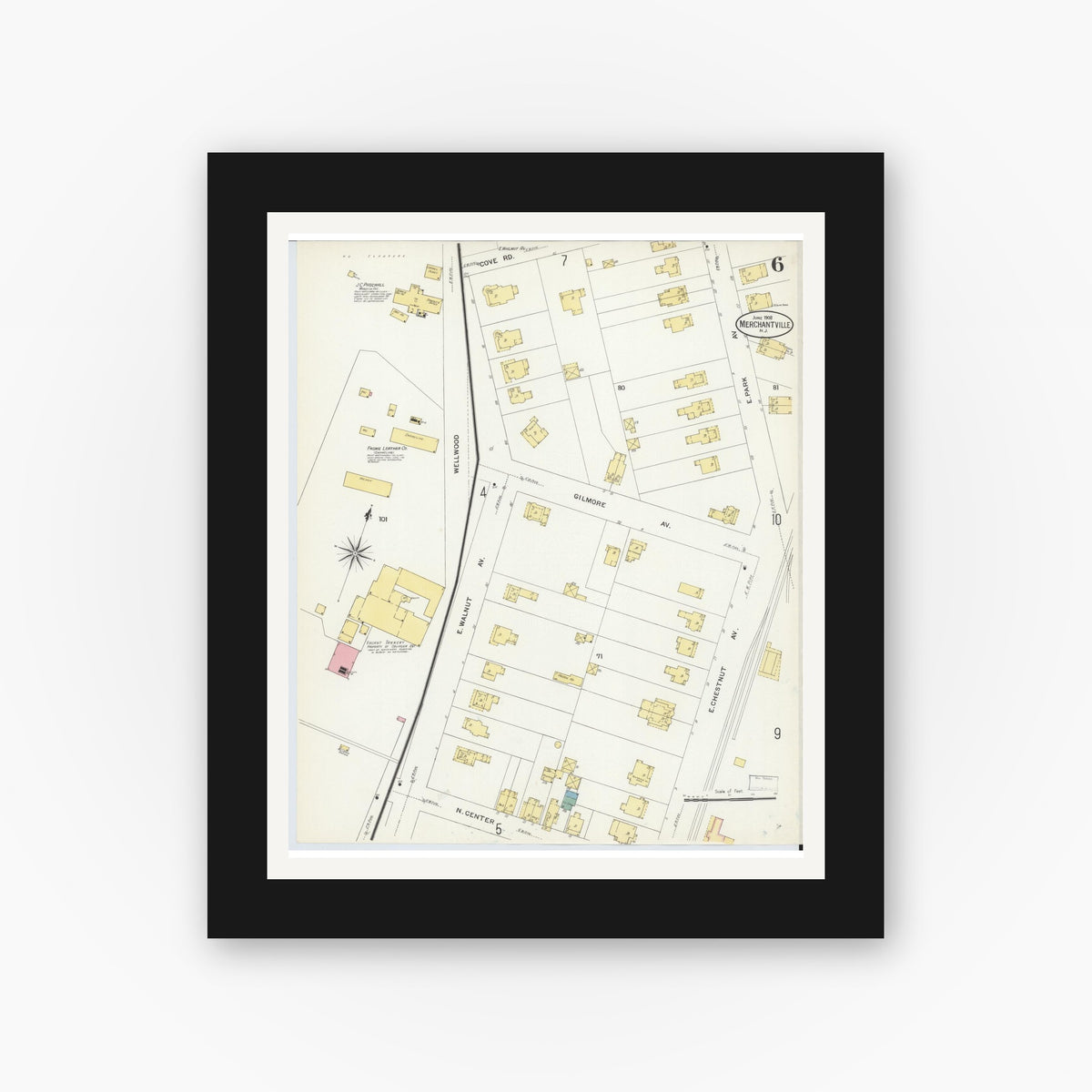 Old map wall art mockup — black gallery frame with white mat — Sanborn Fire Insurance Map from Merchantville, Camden County, New Jersey (1908), Sheet #0006