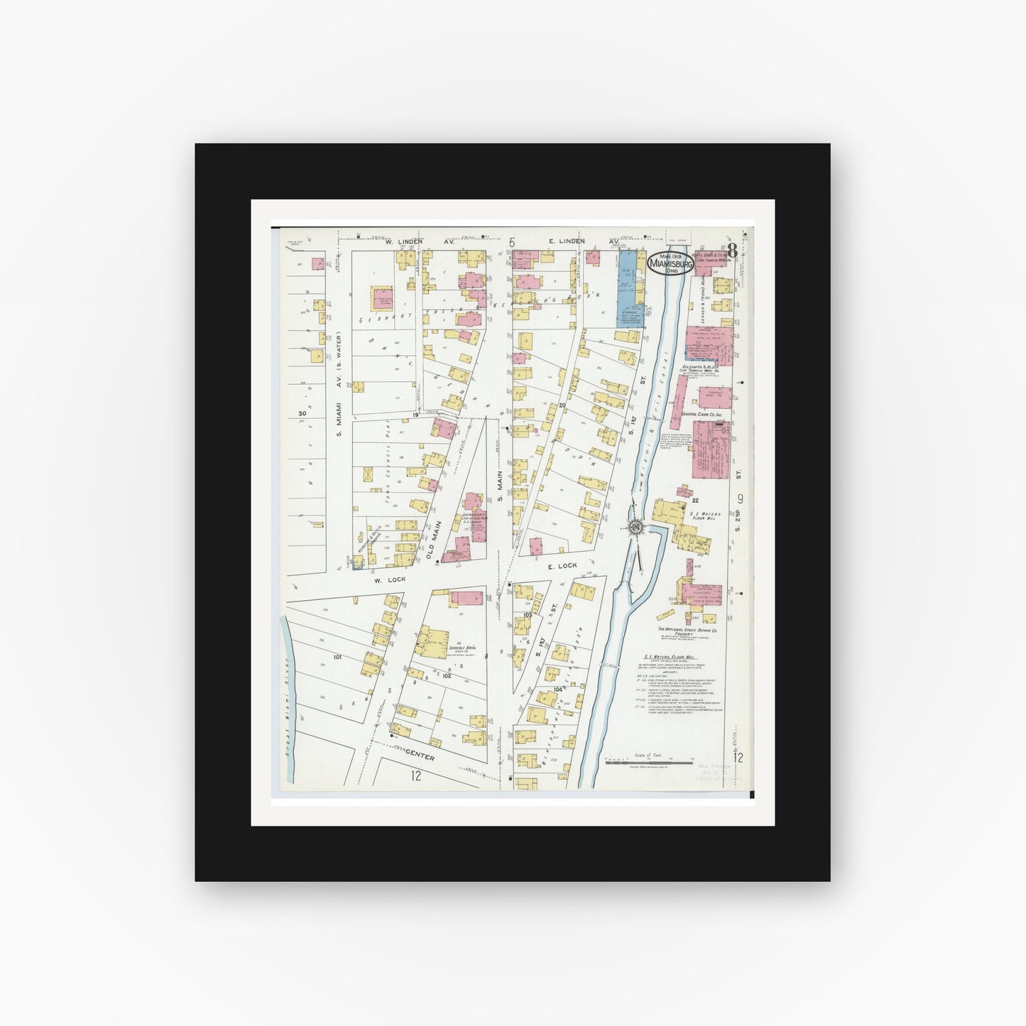 Old map wall art mockup — black gallery frame with white mat — Sanborn Fire Insurance Map from Miamisburg, Montgomery County, Ohio (1919), Sheet #0008