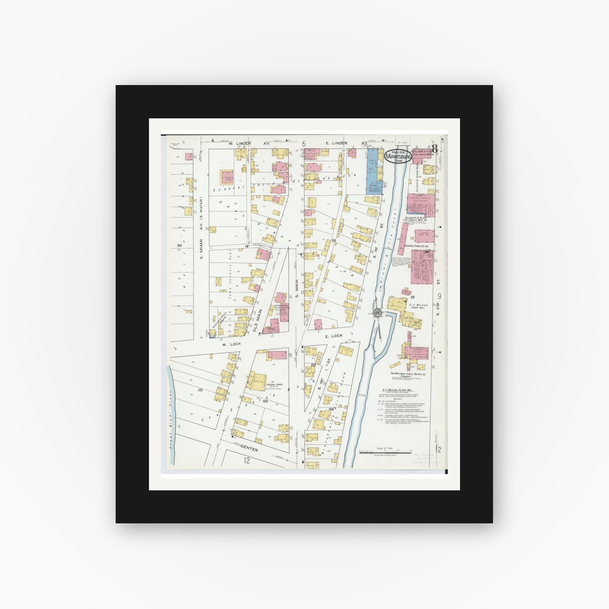 Old map wall art mockup — black gallery frame with white mat — Sanborn Fire Insurance Map from Miamisburg, Montgomery County, Ohio (1919), Sheet #0008