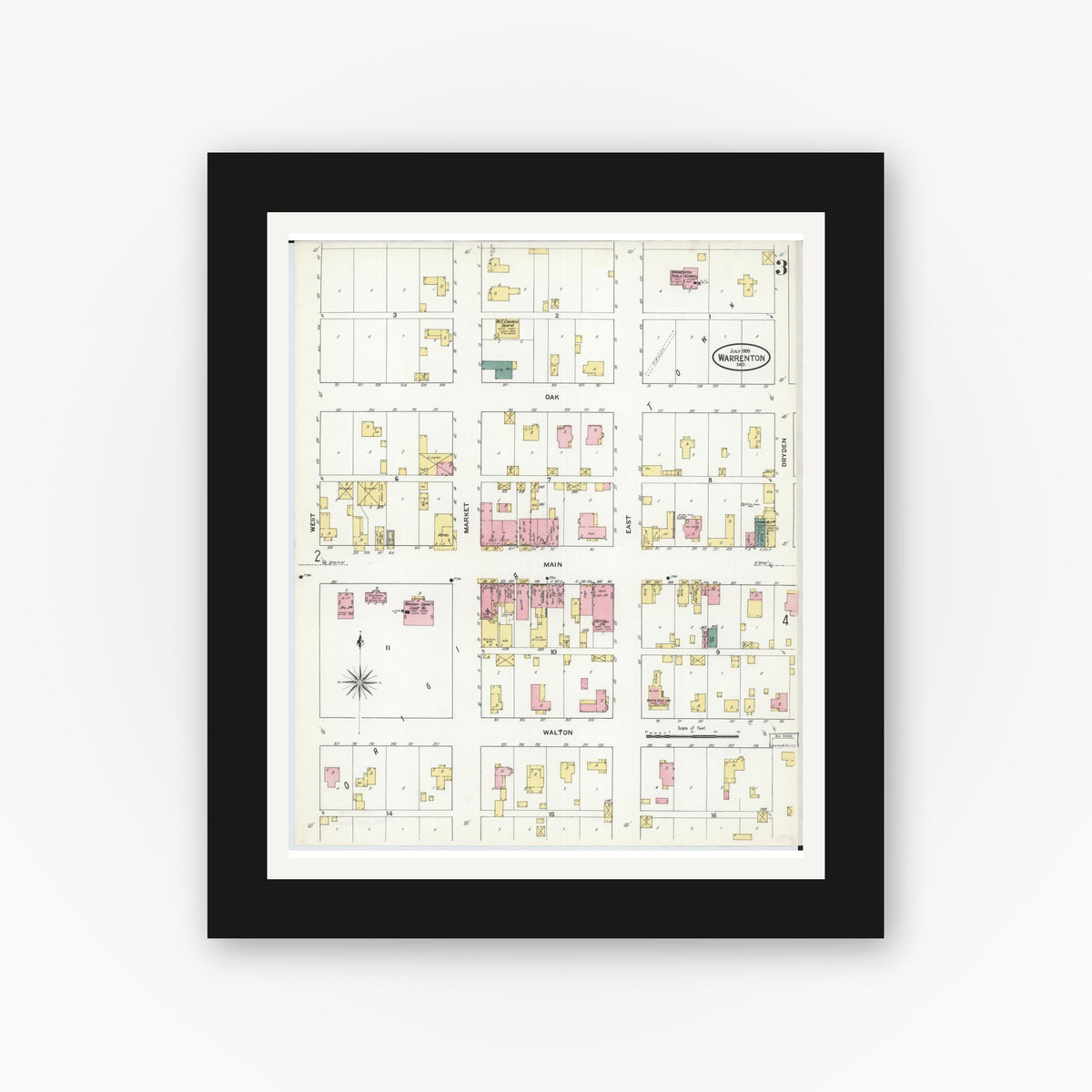 Old map wall art mockup — black gallery frame with white mat — Sanborn Fire Insurance Map from Warrenton, Warren County, Missouri (1909), Sheet #0003