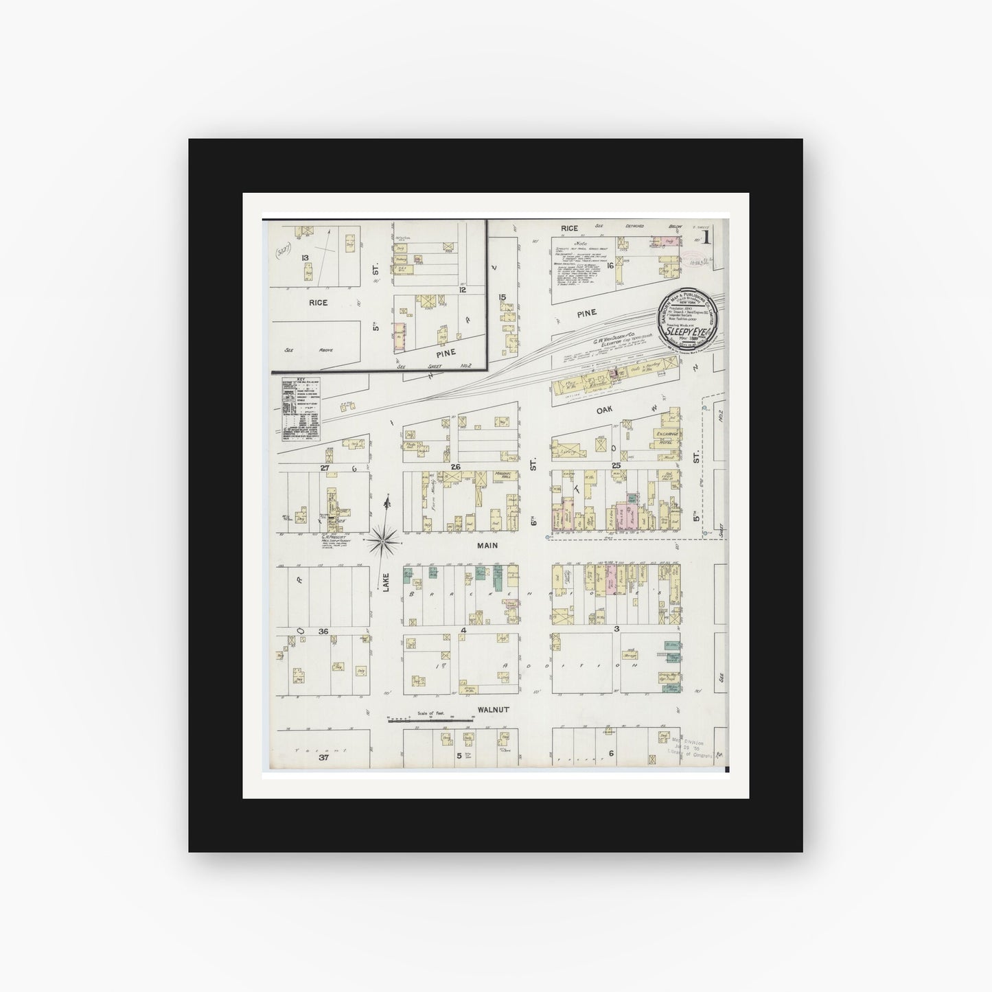 Old map wall art mockup — black gallery frame with white mat — Sanborn Fire Insurance Map from Sleepy Eye, Brown County, Minnesota (1889) - Complete Map Set