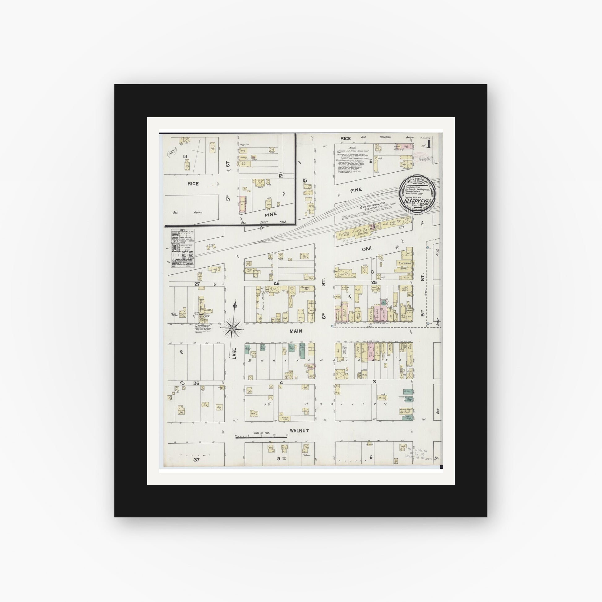 Old map wall art mockup — black gallery frame with white mat — Sanborn Fire Insurance Map from Sleepy Eye, Brown County, Minnesota (1889) - Complete Map Set