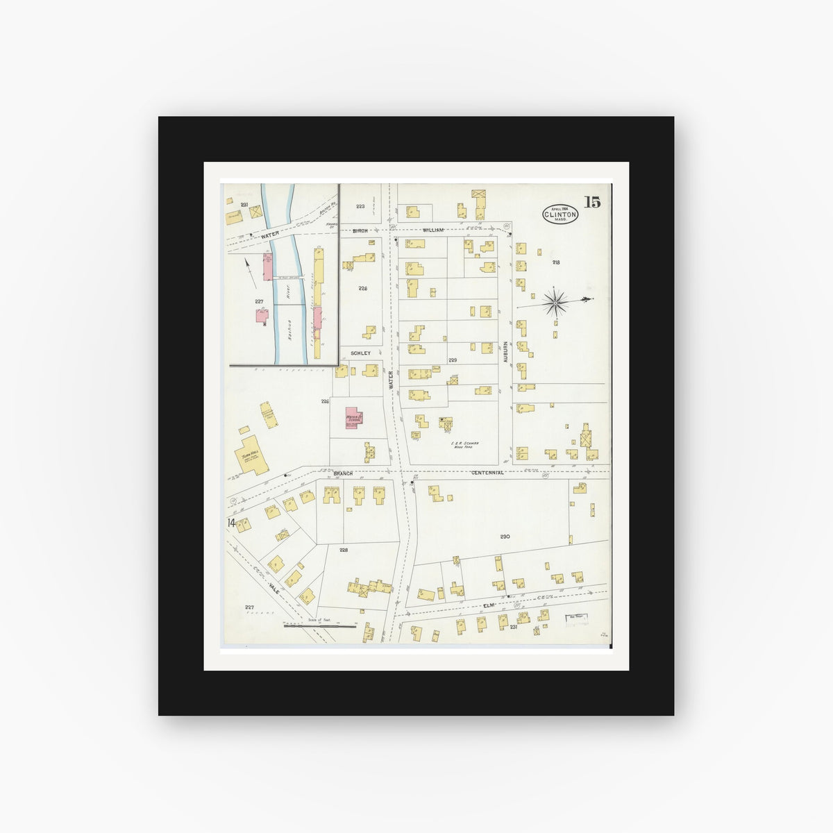 Old map wall art mockup — black gallery frame with white mat — Sanborn Fire Insurance Map from Clinton, Worcester County, Massachusetts (1904), Sheet #0015