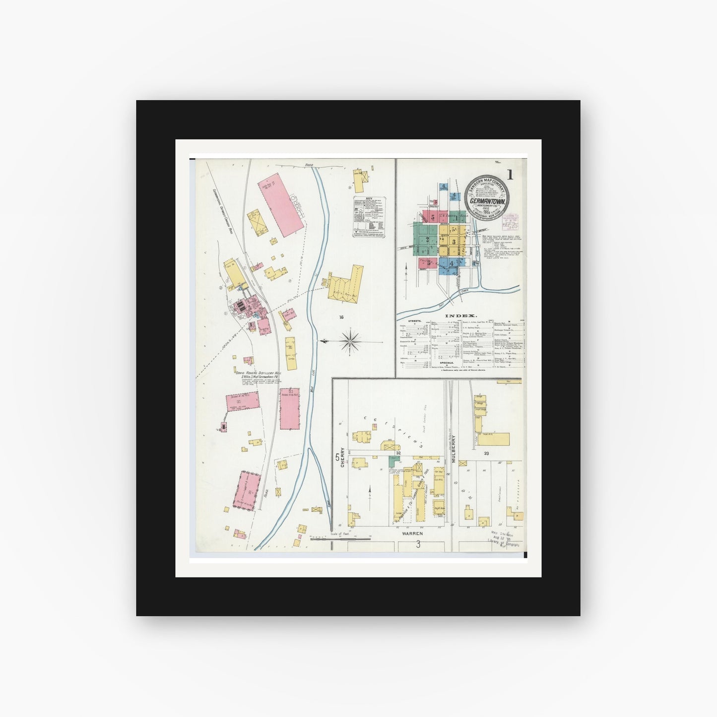 Old map wall art mockup — black gallery frame with white mat — Sanborn Fire Insurance Map from Germantown, Montgomery County, Ohio (1905), Sheet #0001