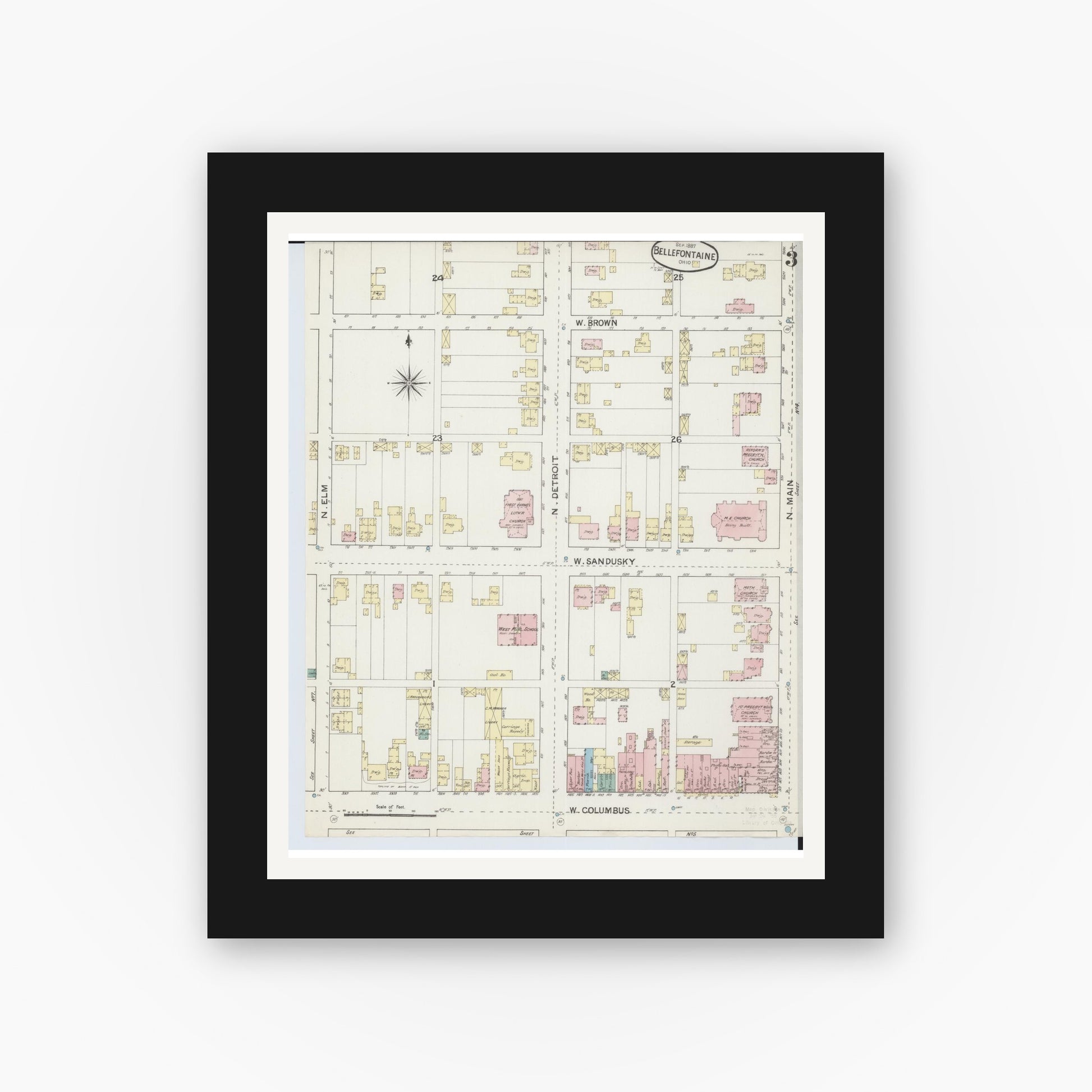 Old map wall art mockup — black gallery frame with white mat — Sanborn Fire Insurance Map from Bellefontaine, Logan County, Ohio (1887), Sheet #0003