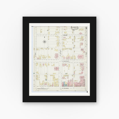 Old map wall art mockup — black gallery frame with white mat — Sanborn Fire Insurance Map from Bellefontaine, Logan County, Ohio (1887), Sheet #0003