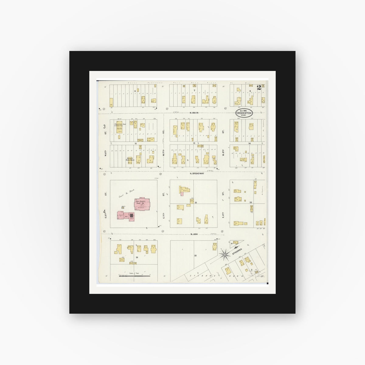 Old map wall art mockup — black gallery frame with white mat — Sanborn Fire Insurance Map from Crookston, Polk County, Minnesota (1906), Sheet #0002