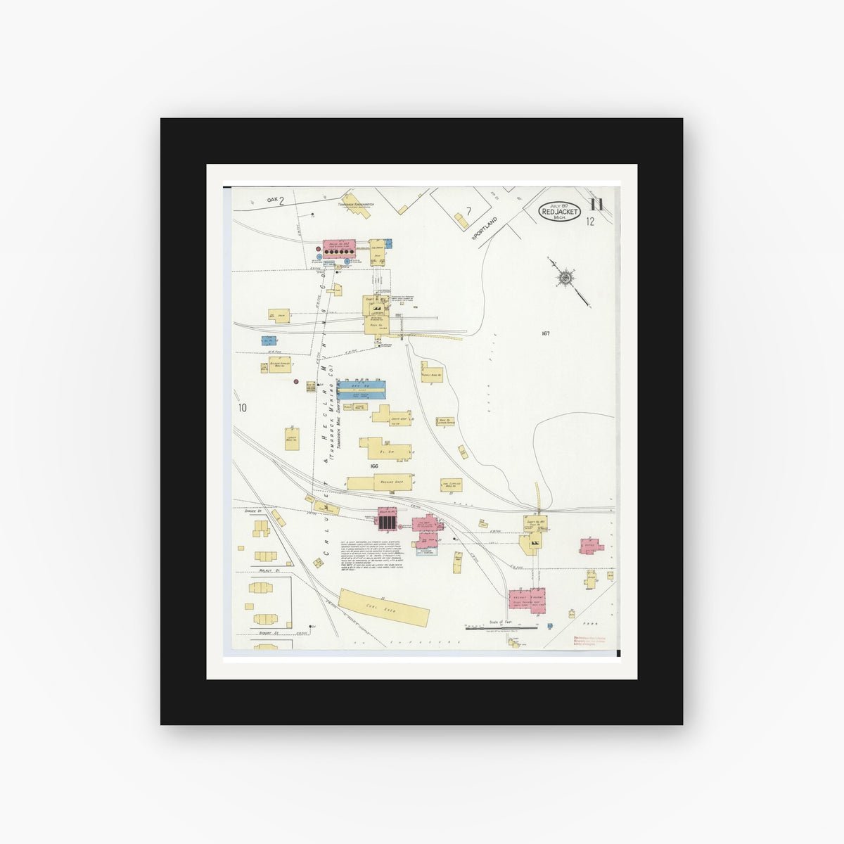 Old map wall art mockup — black gallery frame with white mat — Sanborn Fire Insurance Map from Red Jacket, Houghton County, Michigan (1917), Sheet #0011